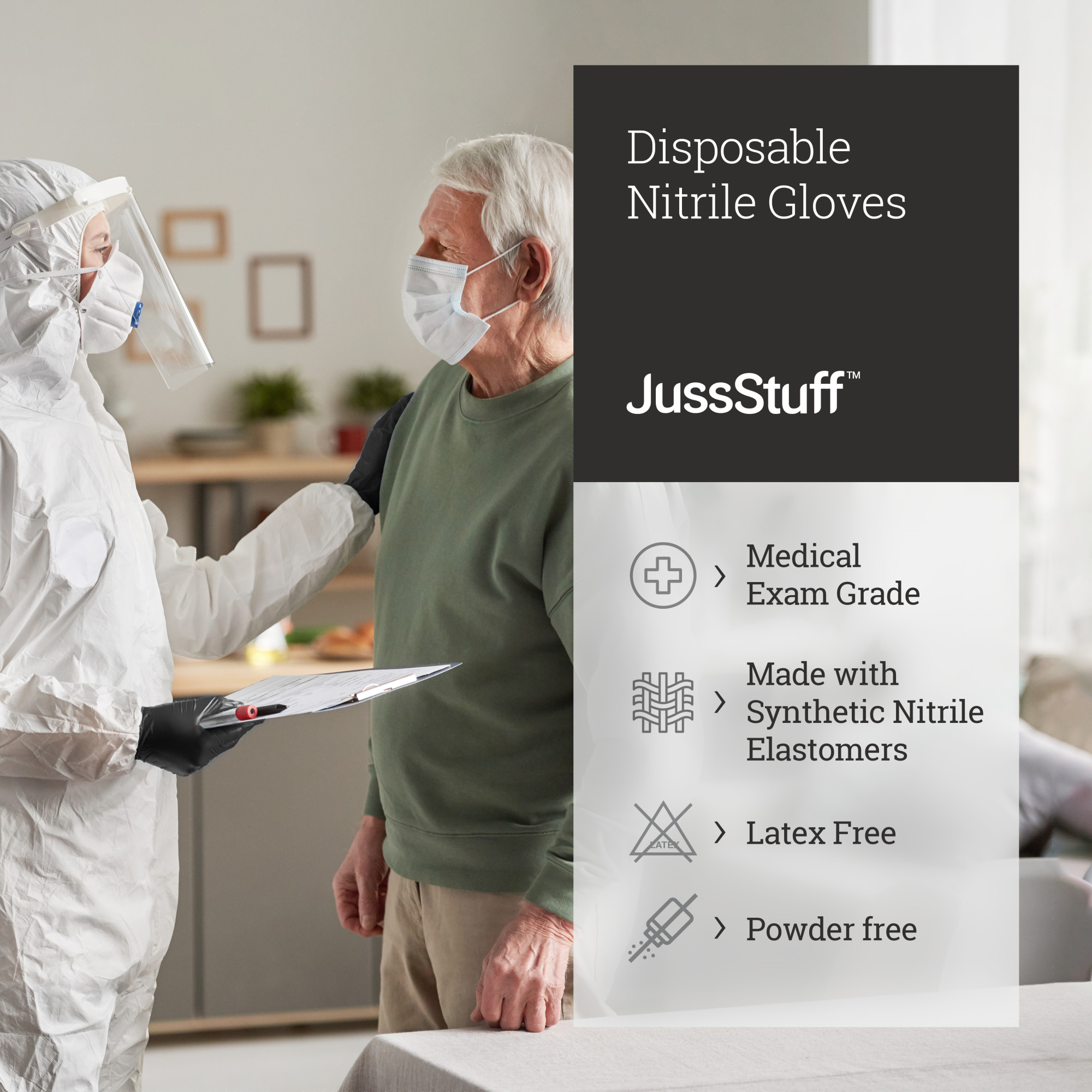JussStuff Nitrile Gloves, Disposable, Latex Free, Food Safe - Black - Box of 100 Gloves (Medium)