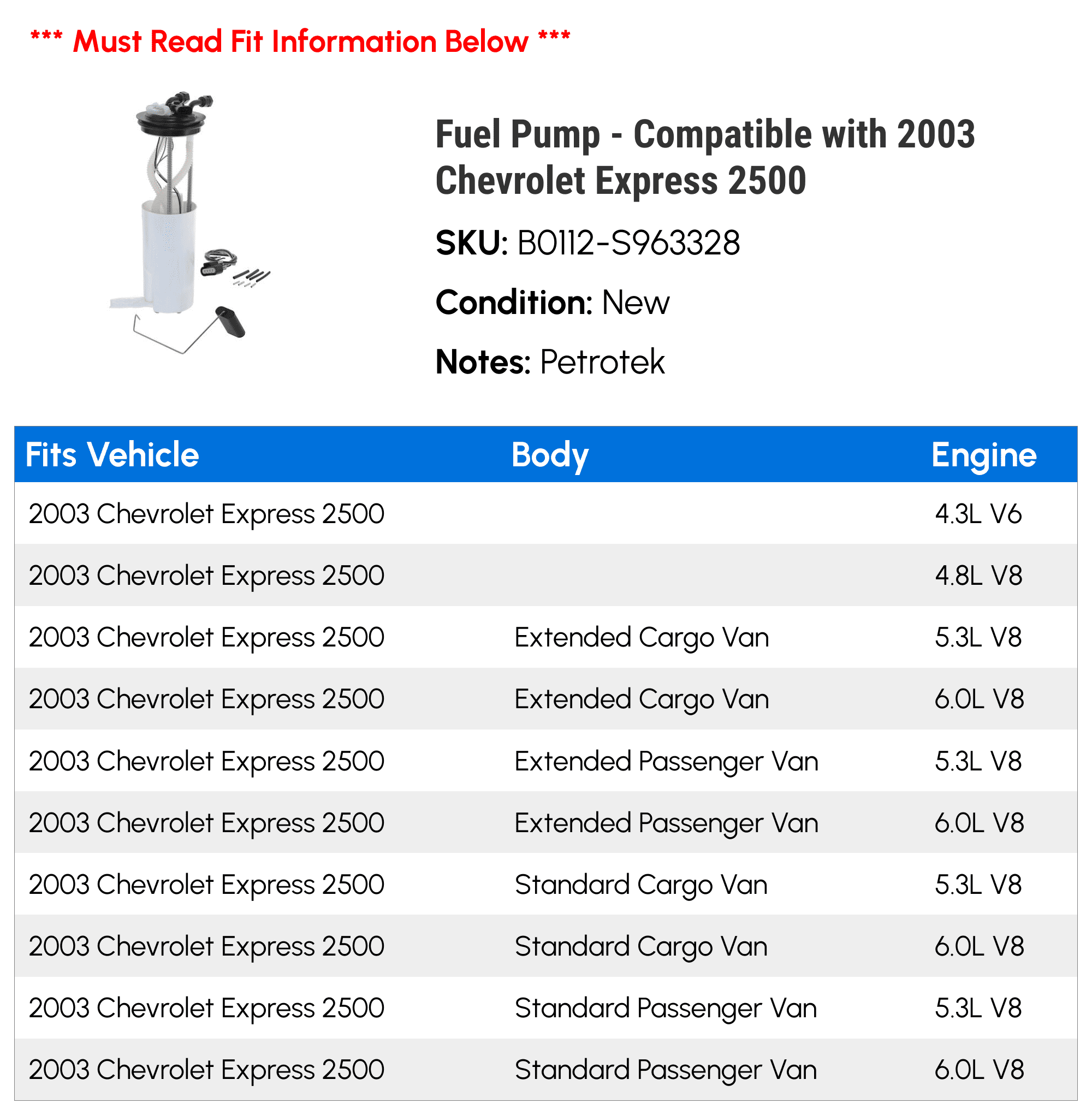 Fuel Pump - Compatible with 2003 Chevy Express 2500