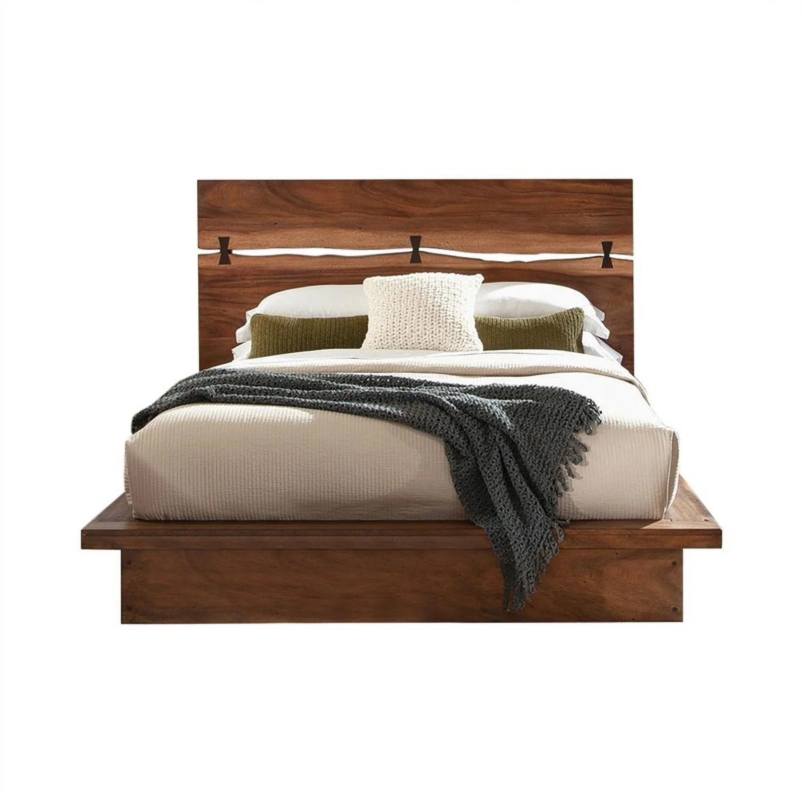 Pemberly Row Farmhouse Wood Queen Bed Smokey Walnut and Brown