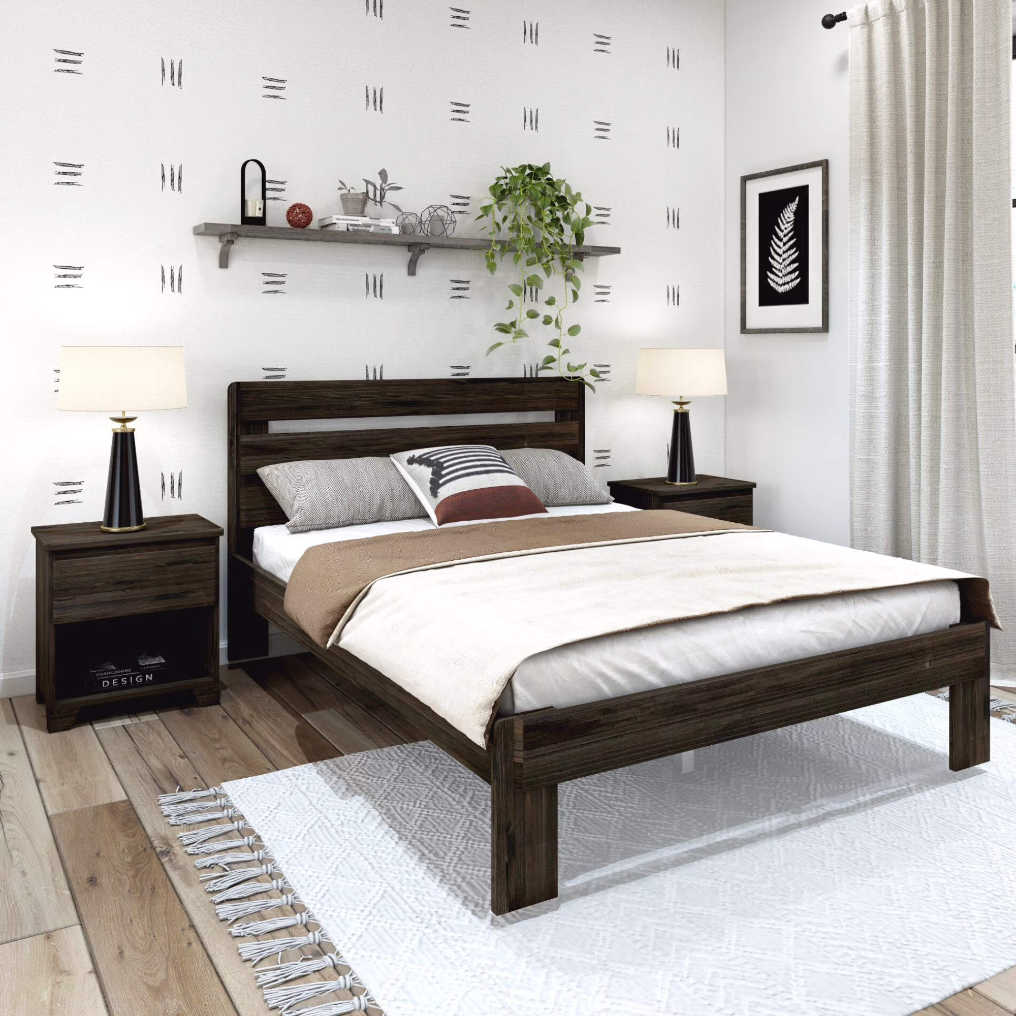Plank+Beam Farmhouse Queen Bed with Plank Headboard, Solid Wood Platform Bed, Barnwood Brown