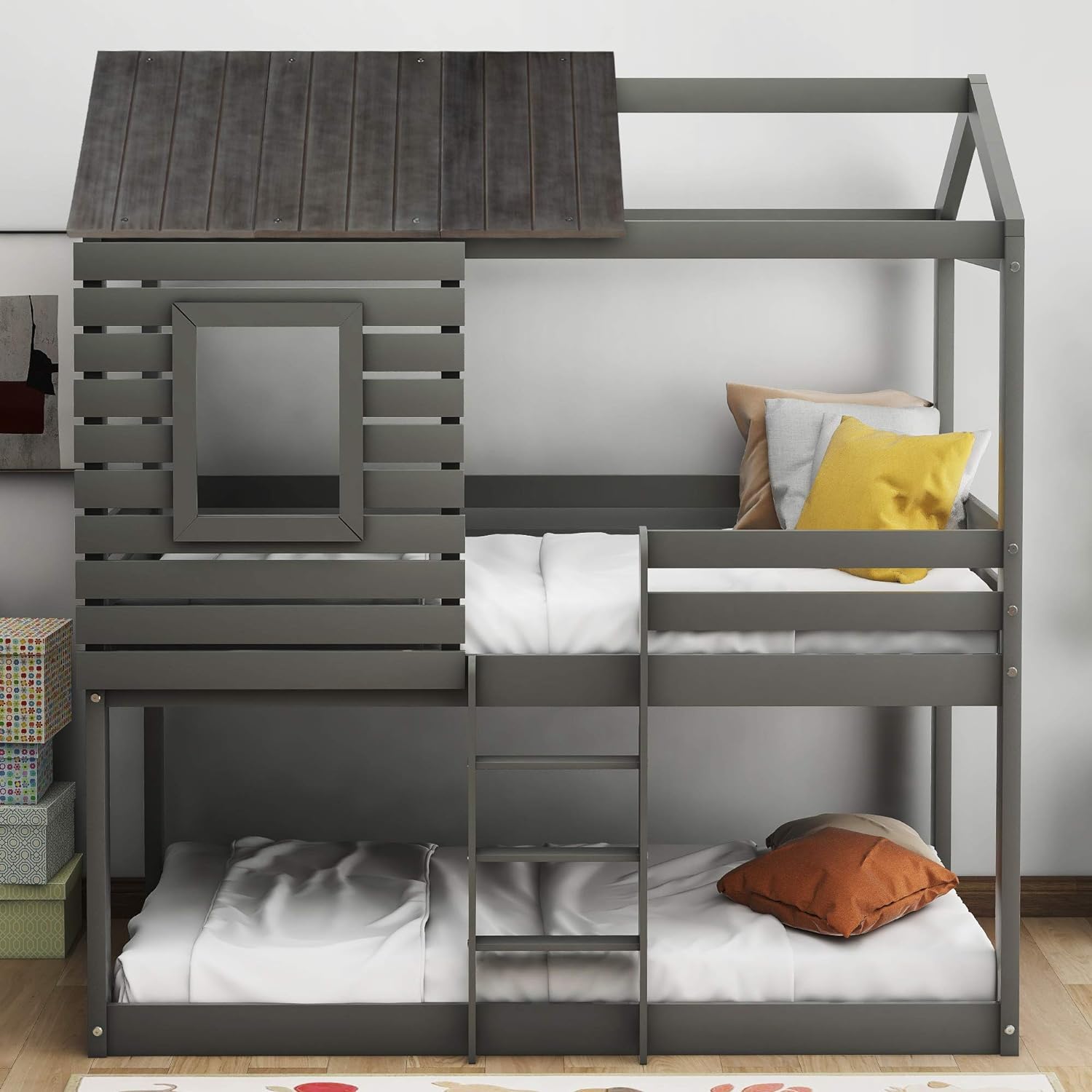 Over Bunk Bed, Wood House Bed Loft Bed Bedroom Furniture With Roof, Window, Guardrail & Ladder (Gray, Over )