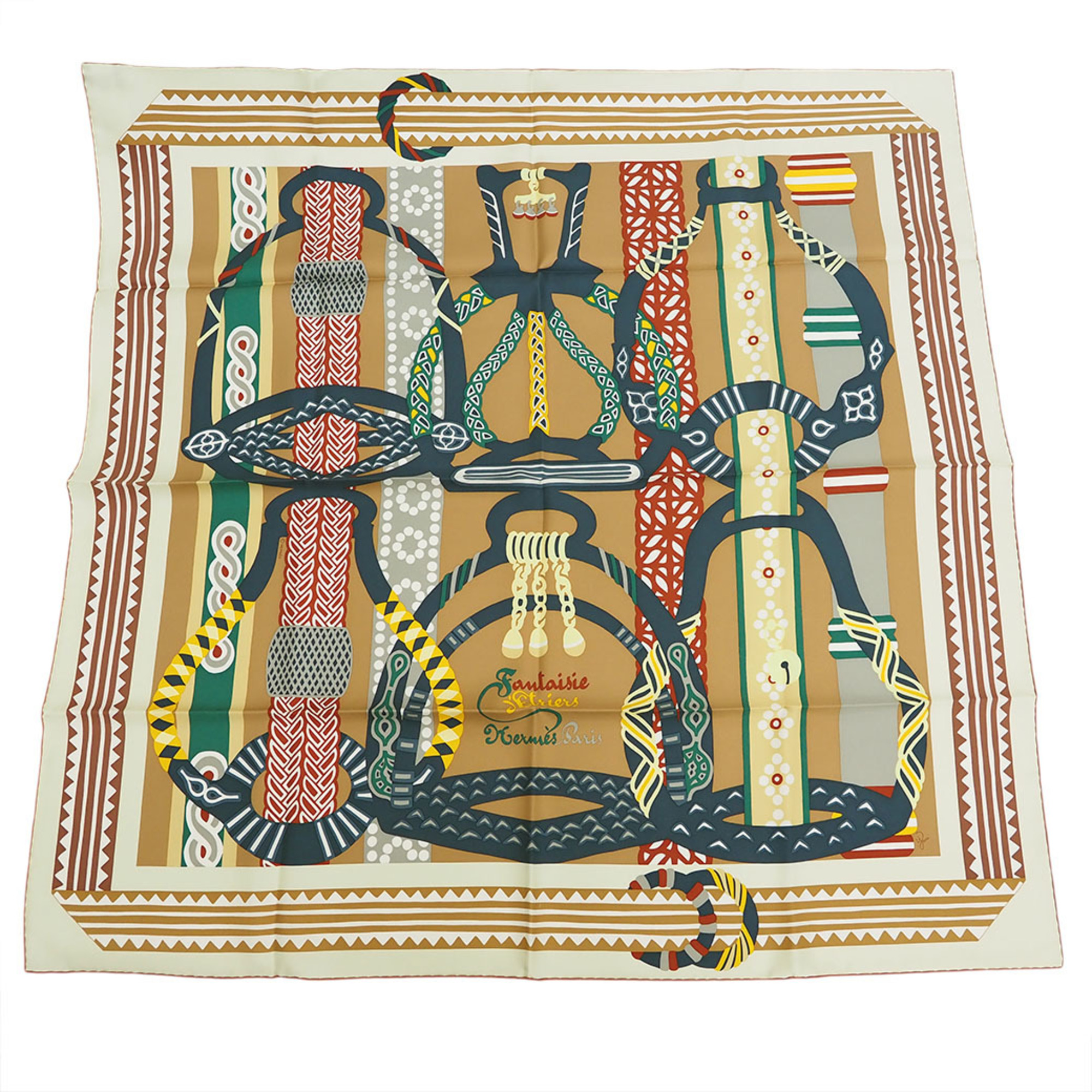 Pre-Owned Hermes HERMES Carre 90 Stirrup Fantasy Creme Noisette Scarf Muffler H003921S Women's Silk Men's (Like New)