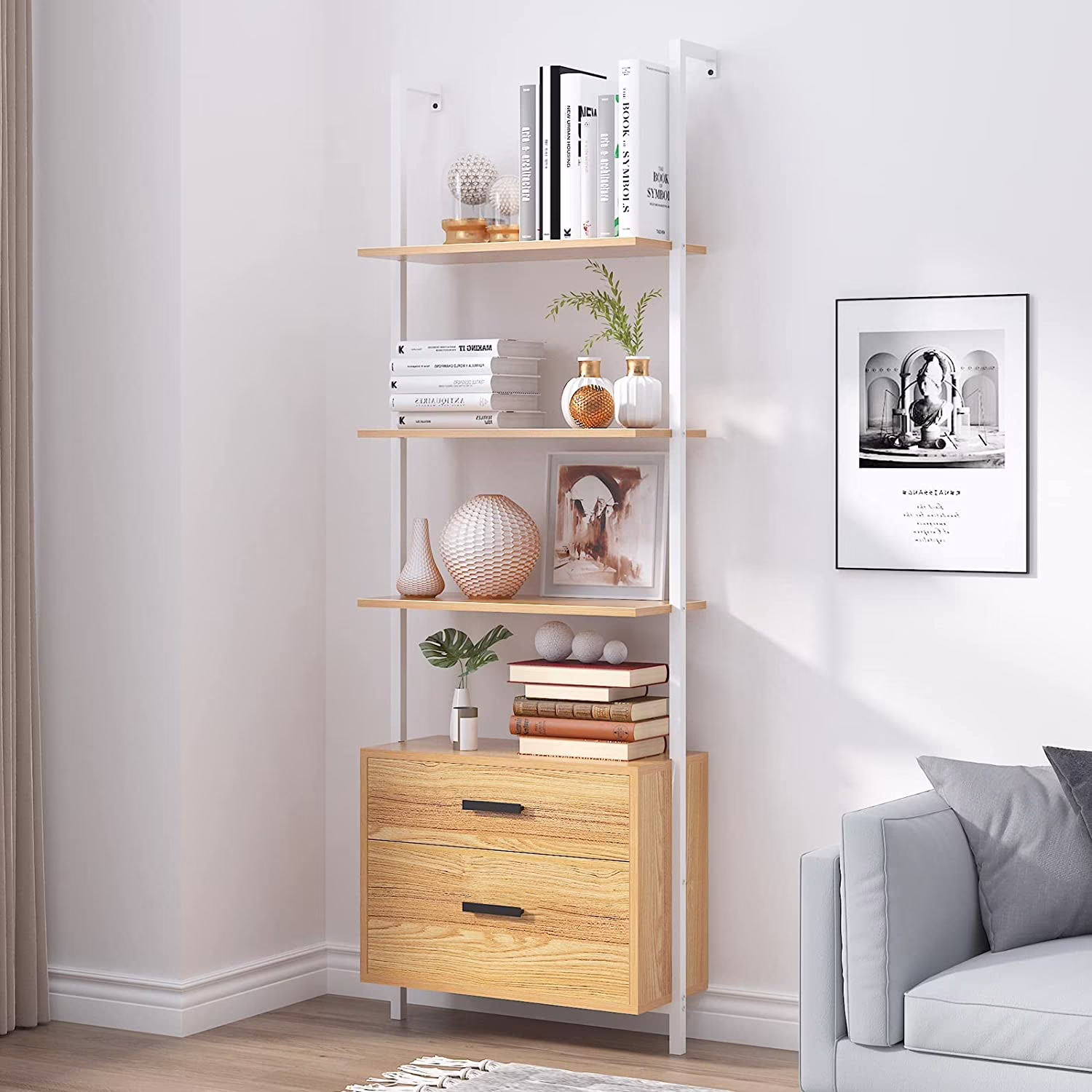 Soges 4-Tier Bookshelf with 2 Drawers, Industrial Wall-Mounted Ladder Shelf, Storage Free Standing Display Shelf for Living Room, Office, Bedroom, Bathroom, Kitchen