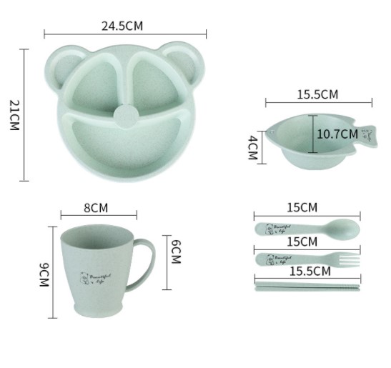 Wheat Straw Dinnerware Sets Kids Bowls Tableware Set by AKYLAR, All Natural Light and Super Strong Dishes - Freezer, Microwave & Dishwasher Safe (Green, FishDesign)