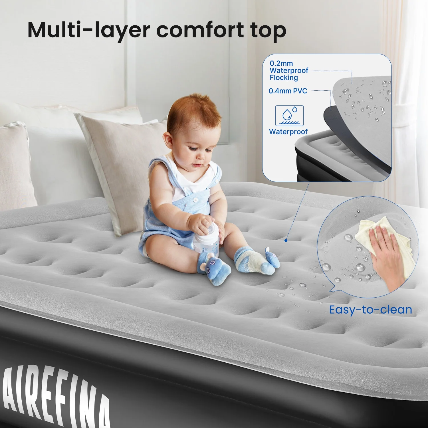 Airefina Queen Air Mattress with Built-in Electric Pump, Self-Inflation/Deflation in 3 Mins