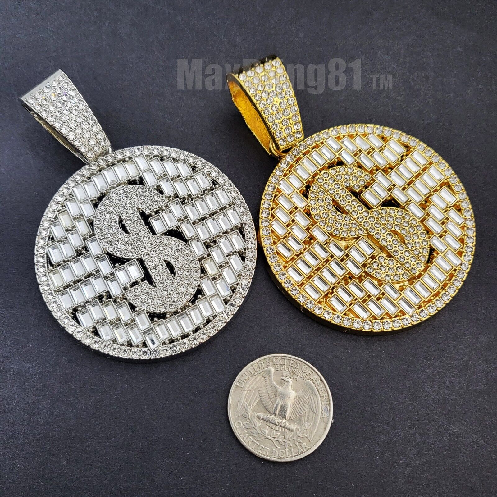 Hip Hop Dollar $ Money Sign Baguette Stone Cubic Zirconia Medal Charm Pendant