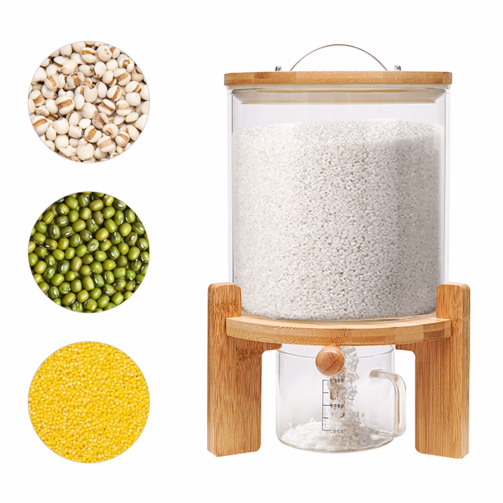 OUKANING Grain Rice Dispenser Cereal 5L Storage Bottle Dry Food Glass Container + Valve + Measuring Cup