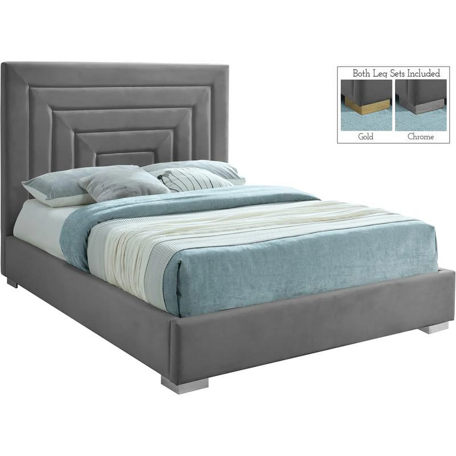 Meridian Furniture Nora Gray Velvet Queen Bed with Gold/Chrome Legs Included