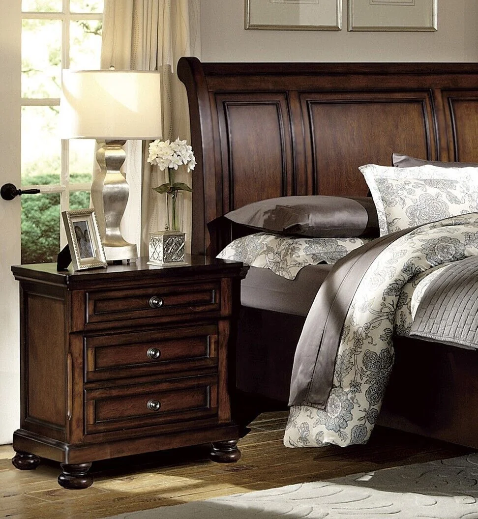 Brown Cherry Finish 5pc Bedroom Set Eastern King Platform Bed Two Nightstands Dresser Mirror Traditional Set Storage Bed