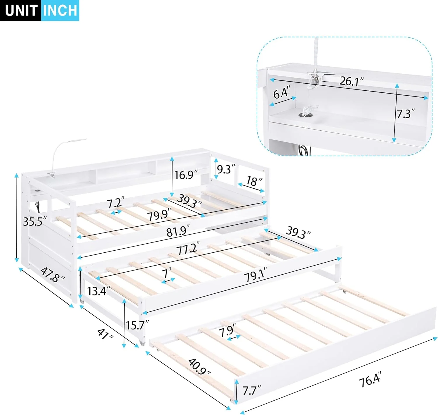 XL Daybed With 2 Trudles, 3 Storage Cubbies, Portable Light Ad USB Chargig Port, Solid Wood Sofa Bed Frame For Livig Room, Bedroom, Apartmet, White