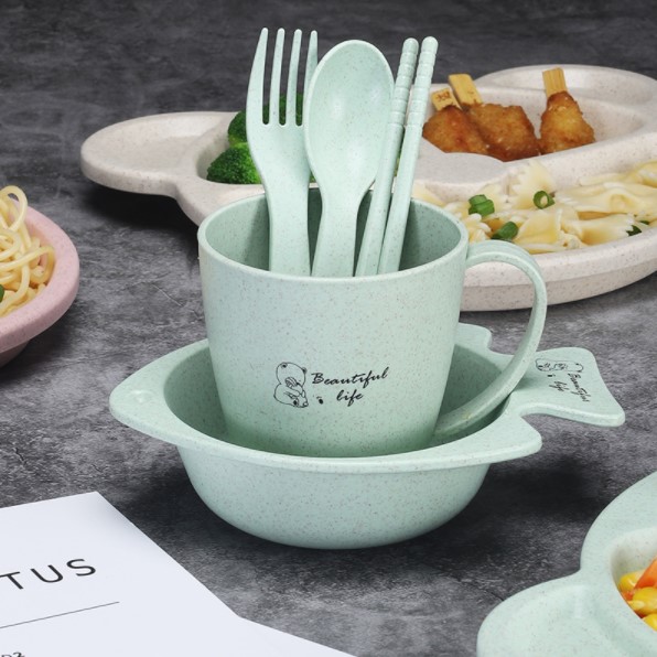 Wheat Straw Dinnerware Sets Kids Bowls Tableware Set by AKYLAR, All Natural Light and Super Strong Dishes - Freezer, Microwave & Dishwasher Safe (Green, FishDesign)