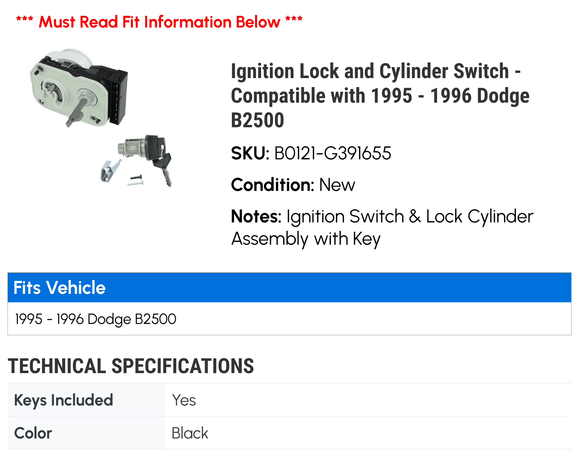 Ignition Lock and Cylinder Switch - Compatible with 1995 - 1996 Dodge B2500