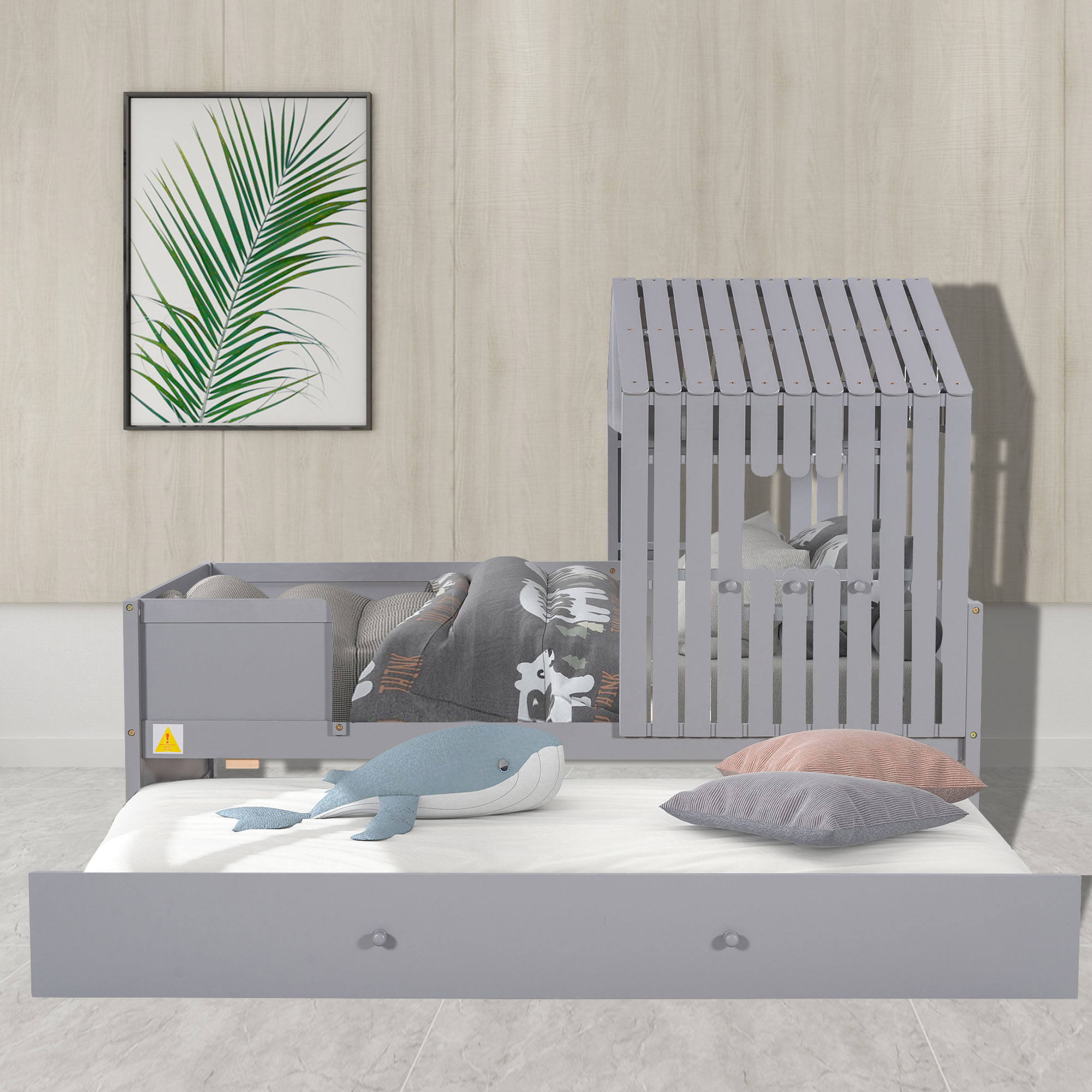 Double Low Loft Bed with Rollers, Gray, Suitable for Various Homes, Size, 77.9