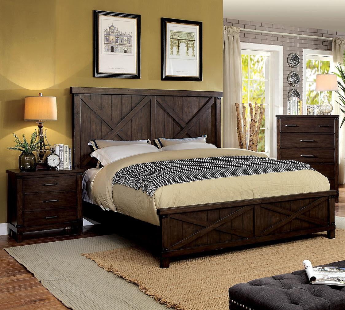 Rustic Dark Walnut Solid Wood King Bedroom Set 3pcs FOA CM7734 Bianca