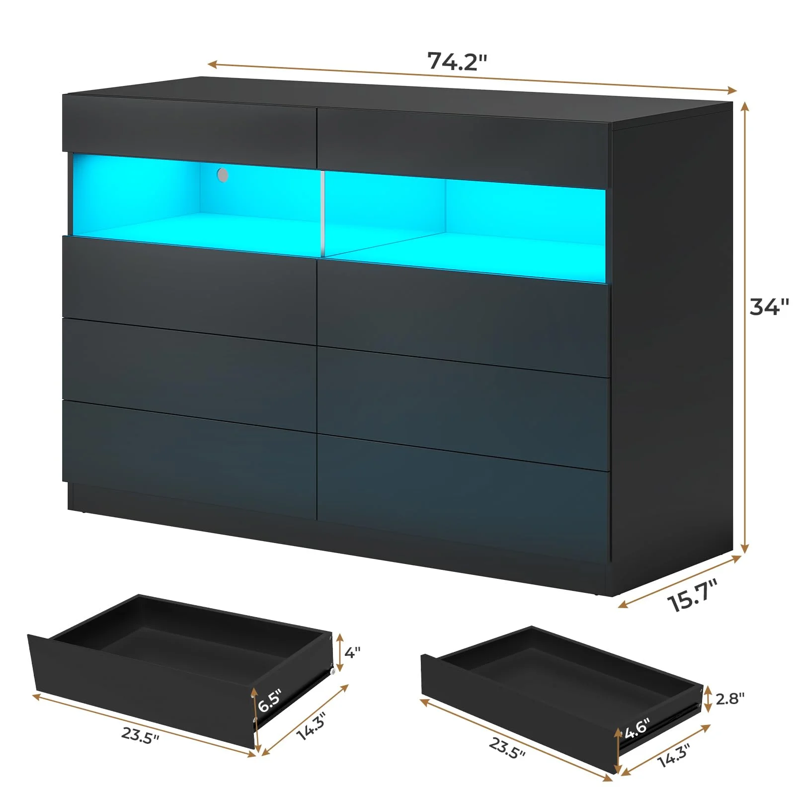 Afuhokles 8 Drawer Dressers for Bedroom with LED Light, Wide Wooden Chest of Drawers with Open Compartment, Black
