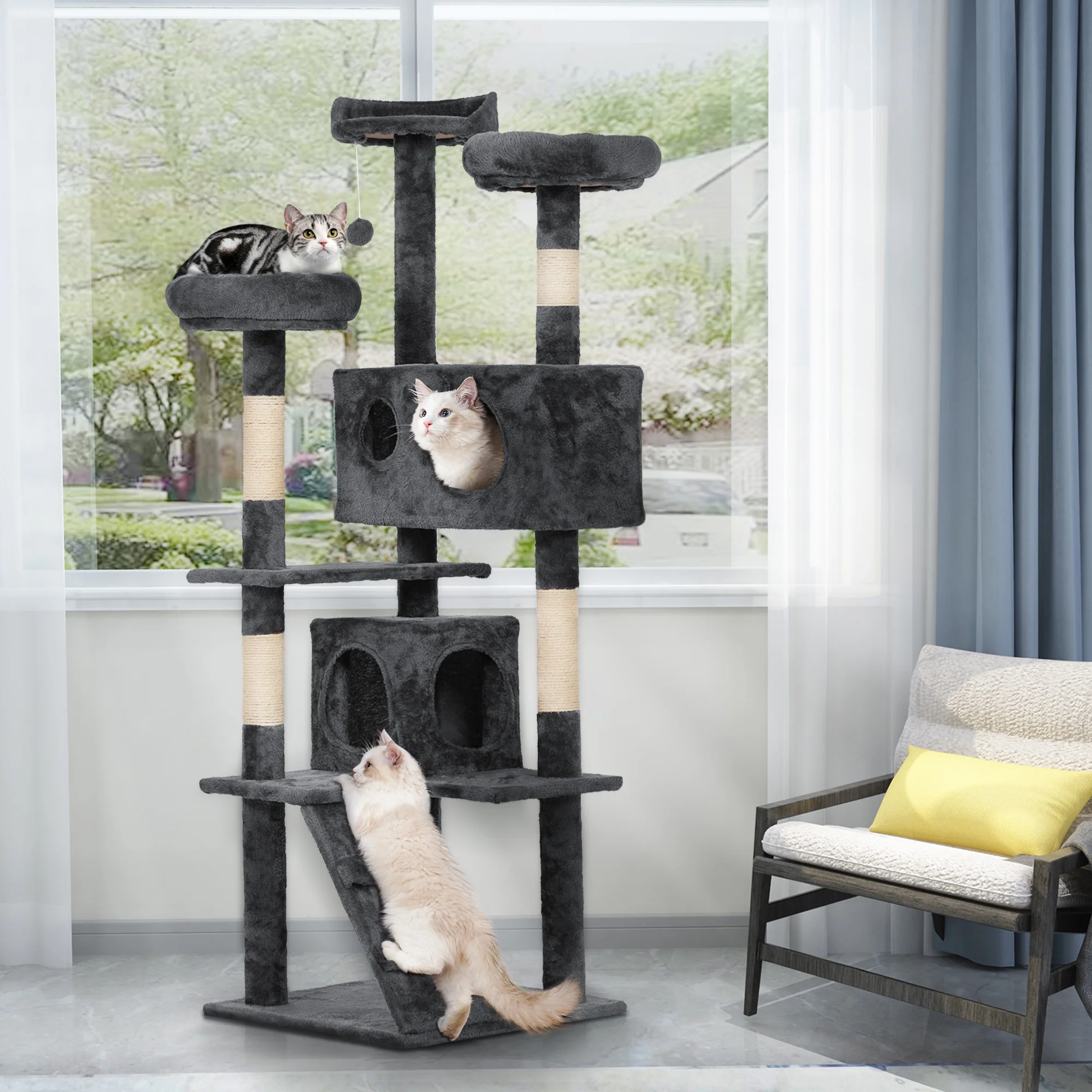 Coziwow 60-in Cat Tree W/ Scratching Post Tower Condo and Perch, Gray