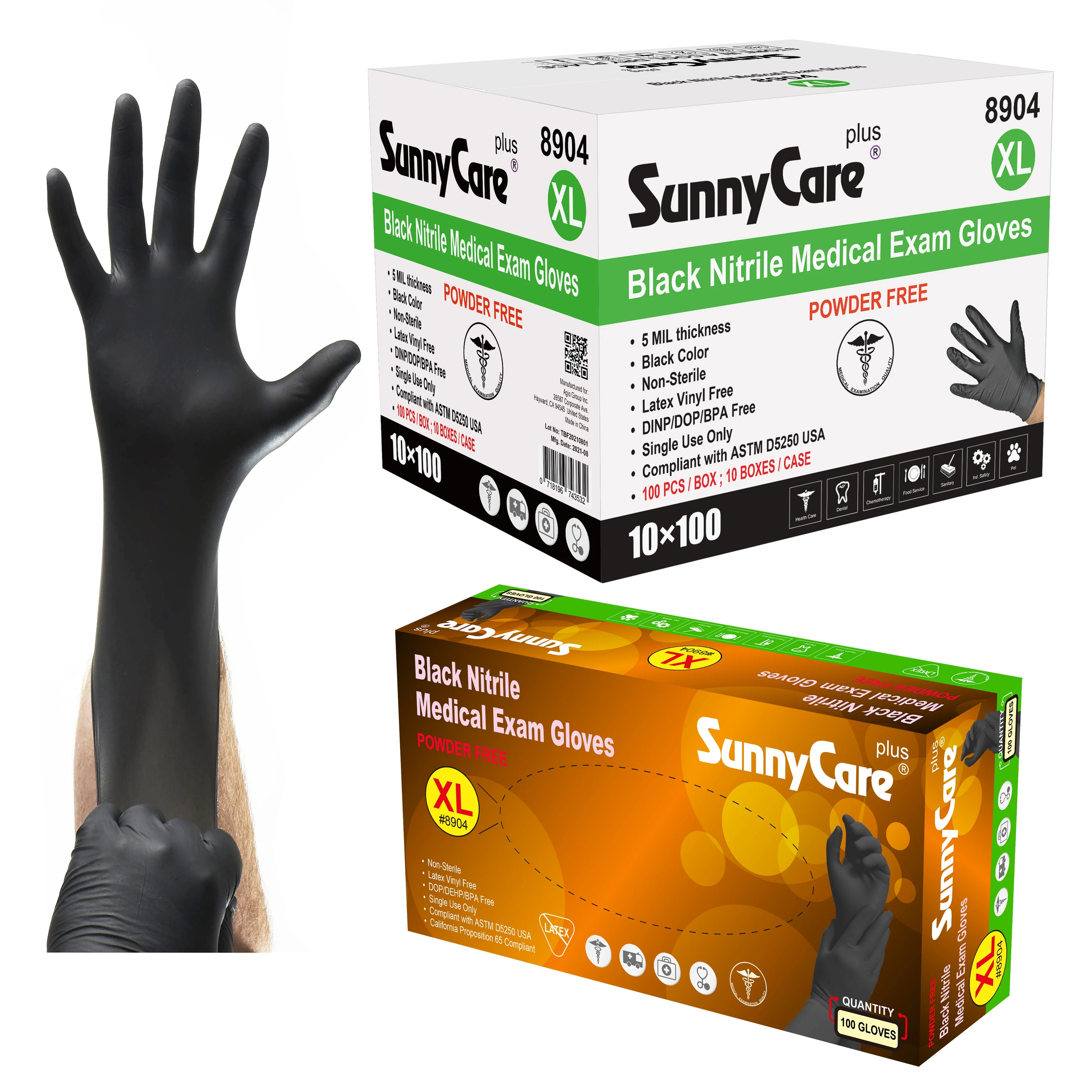 1000Pcs SunnyCare 5Mil Black Nitrile Medical Exam Gloves Powder Free (Non Vinyl Latex) Size: X-Large Item# 8904