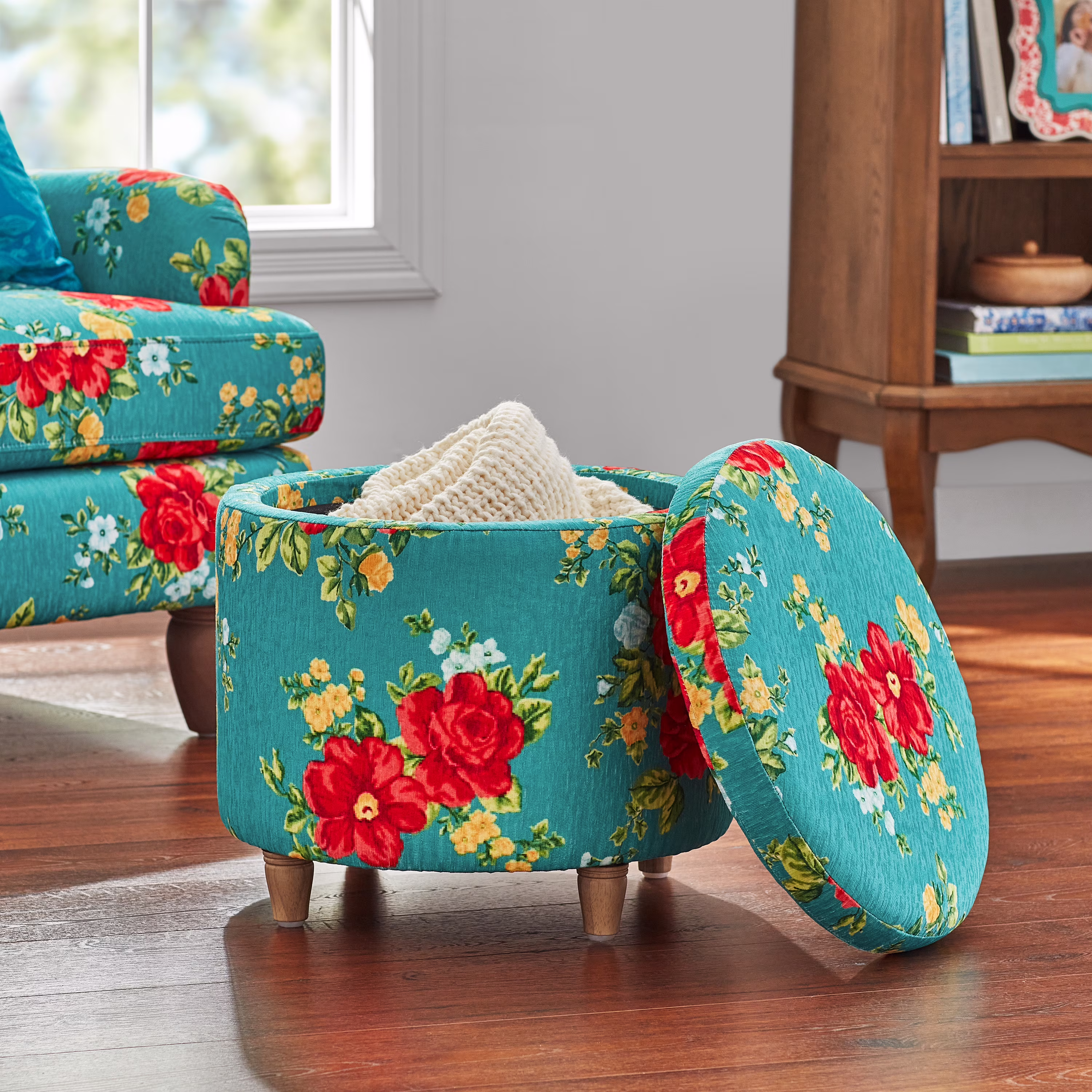The Pioneer Woman Vintage Floral Fabric Round Storage Ottoman, Teal
