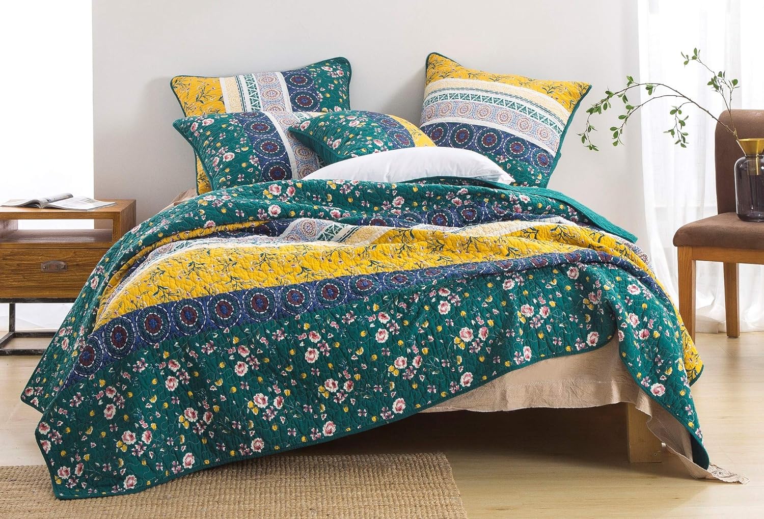 Bohemian Gardenia Floral Patchwork Bedspread Set - Cotton Bed Of Wild Flowers Botanical Quilted Coverlet - Bright Vibrant Yellow Blue Teal Green - - 2-Pieces