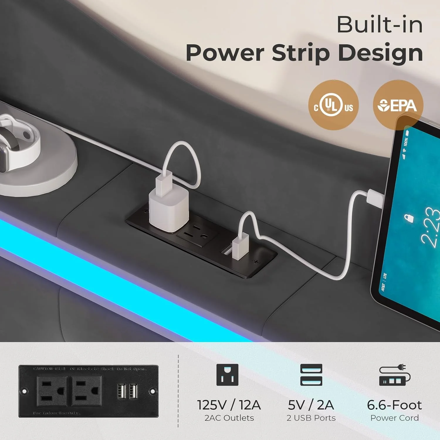 LED Bed Frame King Size with Charging Station&LED Lights, Linen Fabric Upholstered Platform Bed Frame with Tall Wingback Headboard, No Box Spring Needed, Dark Gray