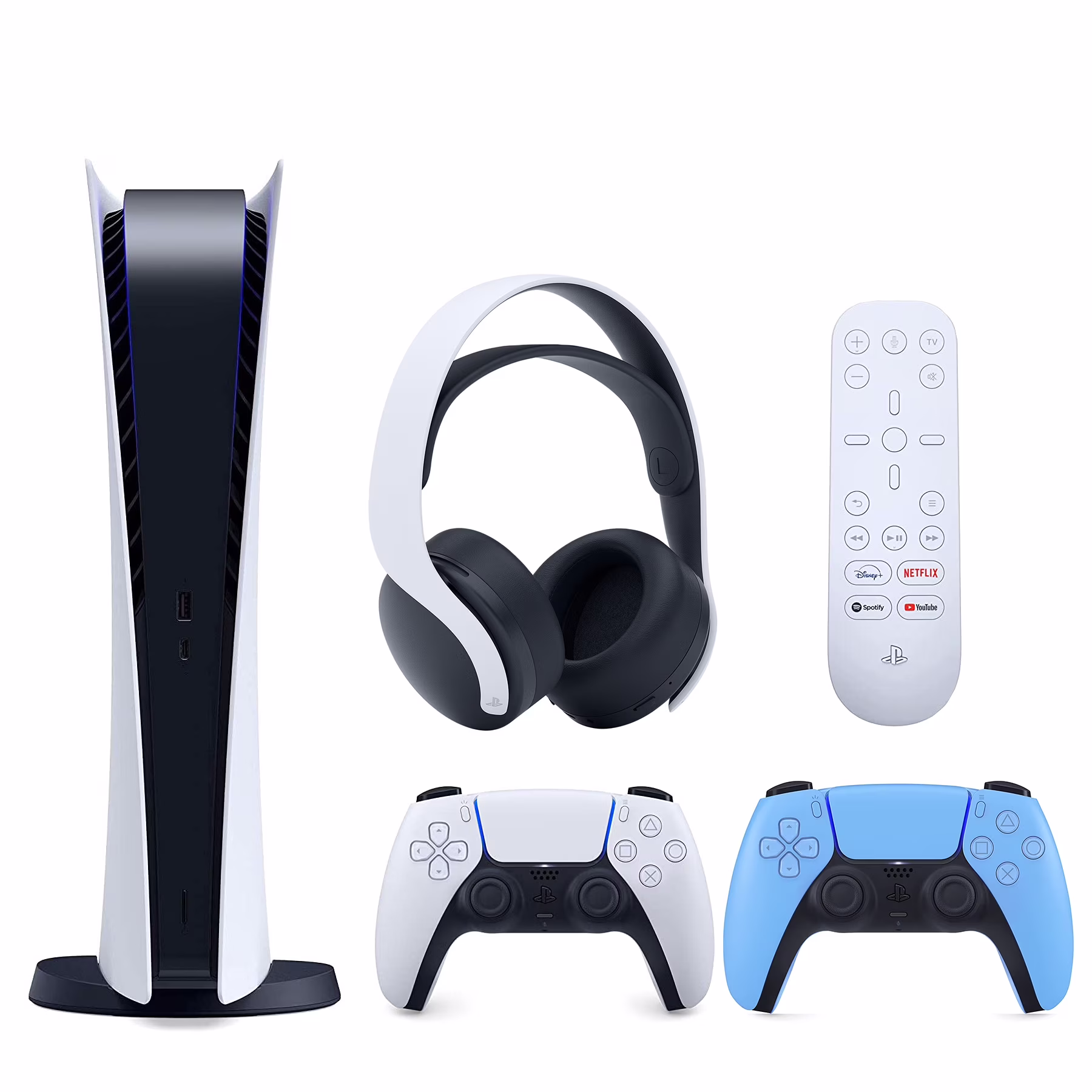 Sony Playstation 5 Digital Version (PS5 Digital) with Extra Starlight Blue Controller, White PULSE 3D Headset and Media Remote Bundle