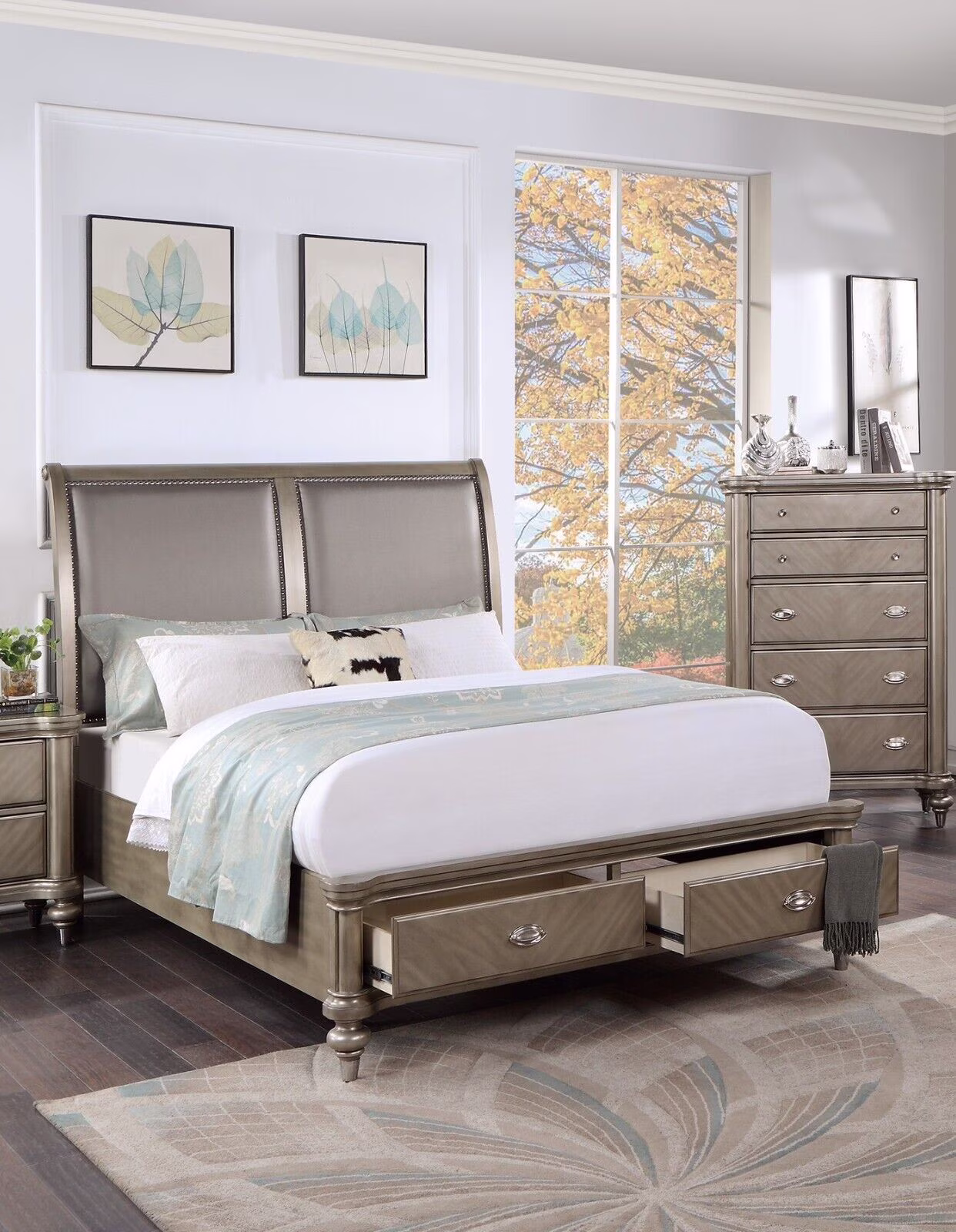 California King Size Bed w/2 Underbed Drawers 1pc Set Bedroom Furniture Luxury Classic Grey Finish Wooden Bedframe