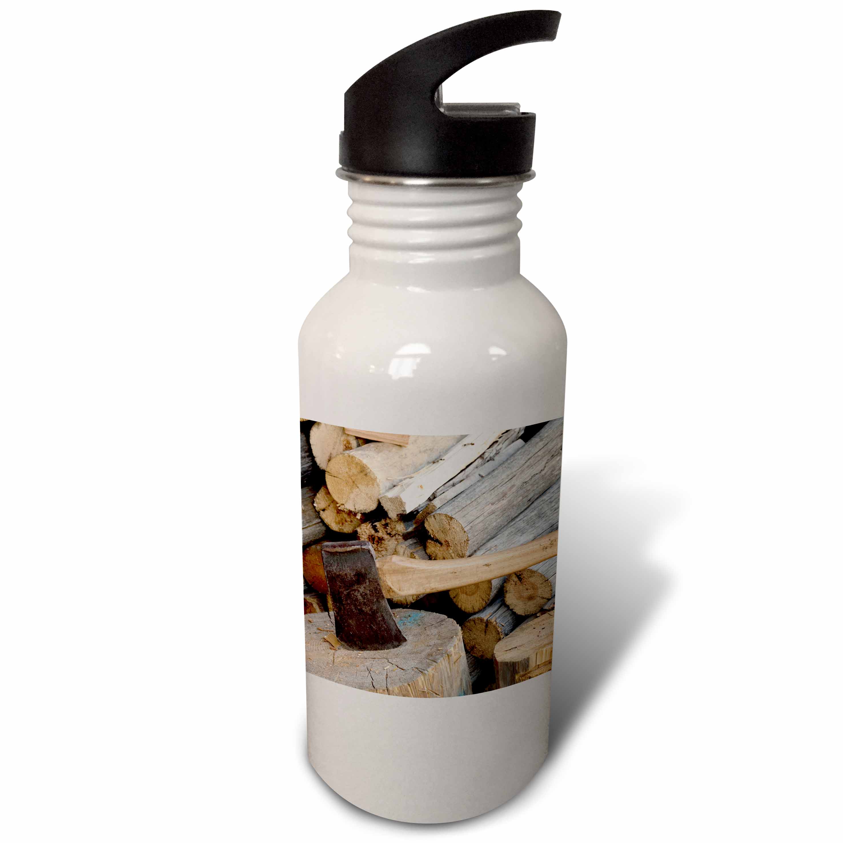 Canada, British Columbia, Fort Steele. Close-up of axe and woodpile.  21 oz Sports Water Bottle wb-188346-1
