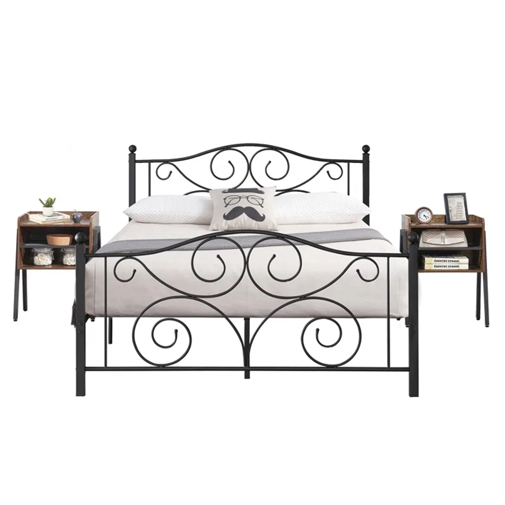 VECELO 3-piece Bedroom Set Full Size Metal Platform Bed Frame and 2 Stackable Nightstand