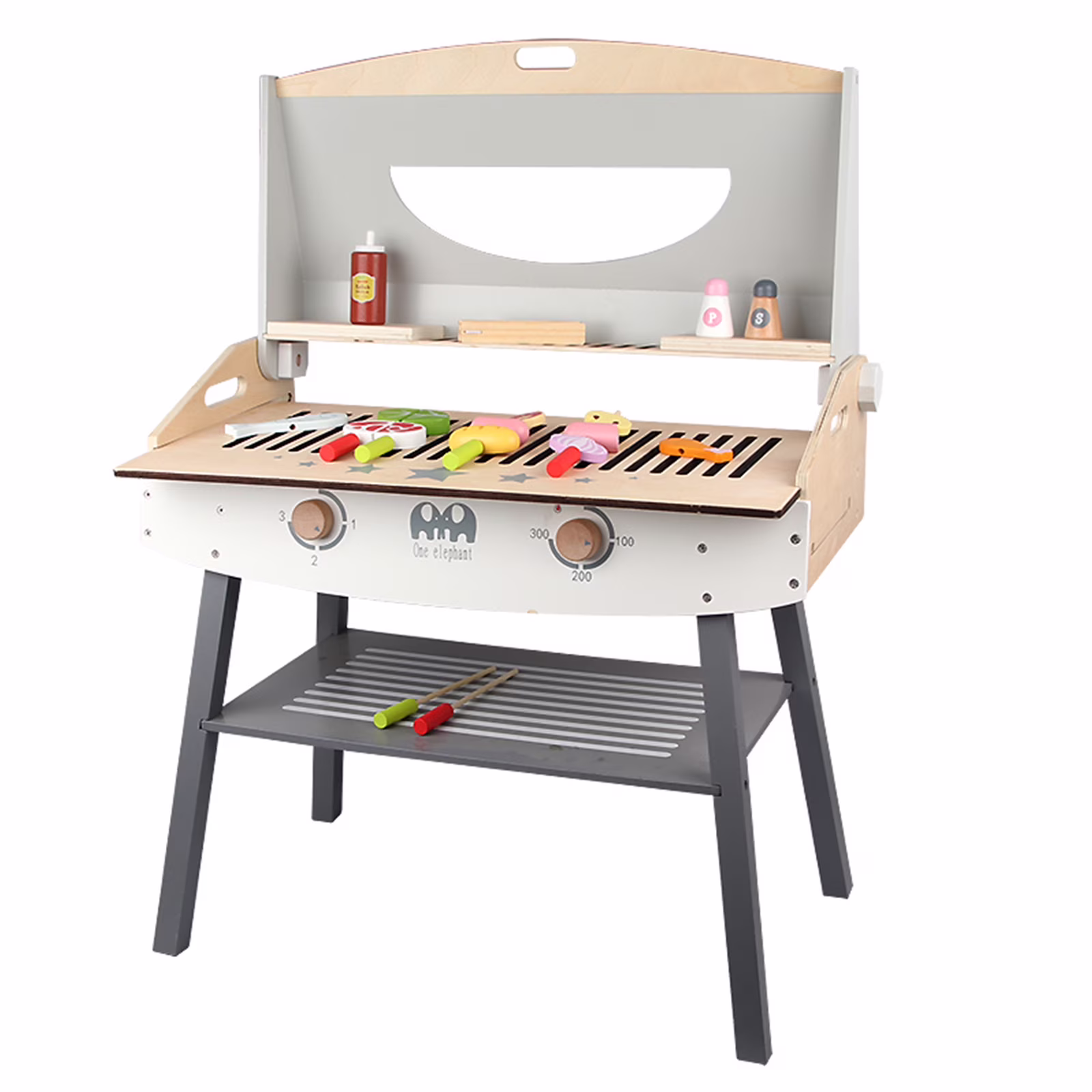 Woodenfun Wooden Pretend Barbecue Grill Play Set, Play Kitchen Set Cooking Gift for 3 4 5 Year Old Kids