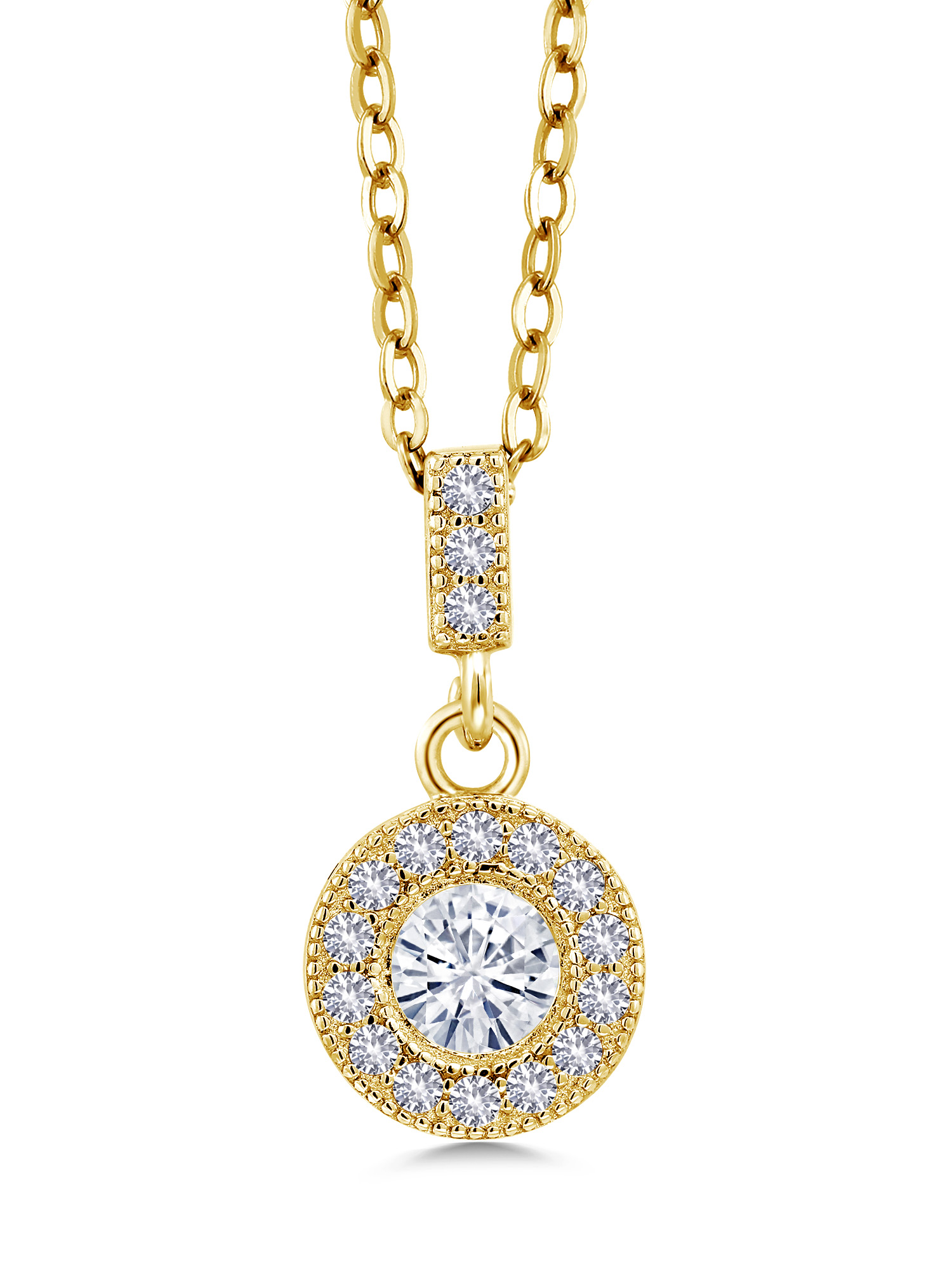 Gem Stone King 18K Yellow Gold Plated Silver Round White Moissanite and Created Sapphire Pendant with Chain (1.14 Cttw)