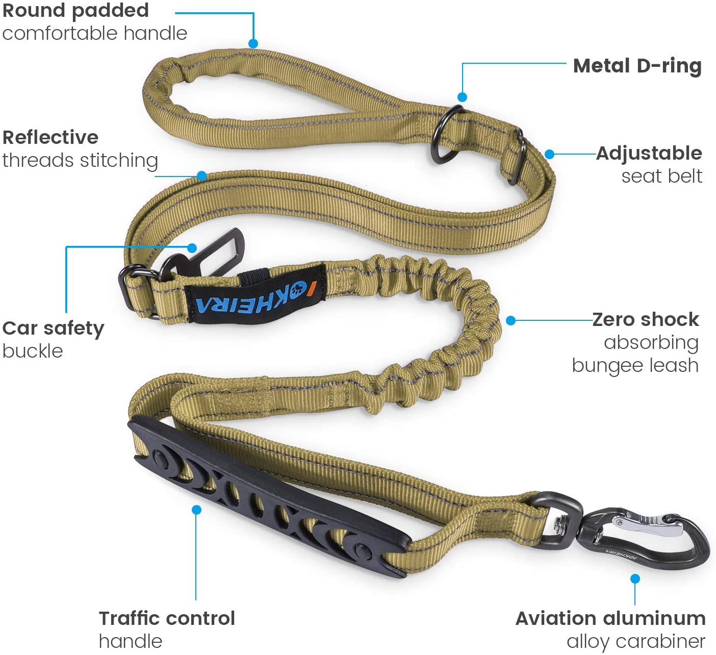 IOKHEIRA Dog Leash, Multifunctional Dog Leashes for Medium& Large Dogs, Dog Leashes with Car Seatbelt, 4-6 FT Strong Bungee Dog Leash, Army Green Bungee Dog Leash