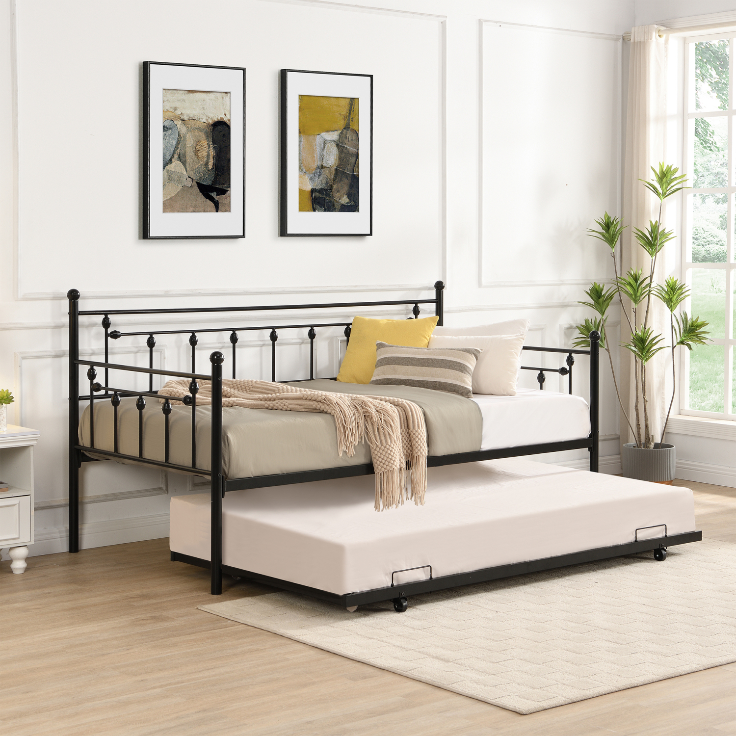 Holaki Twin Size Metal Daybed with Pull Out Trundle, Modern 2 in 1 Sofa Bed Frame for Kids Teens Adults,Single Daybed Sofa Bed Frame for Bedroom Living Room Guest Room,No Box Spring Needed, Black