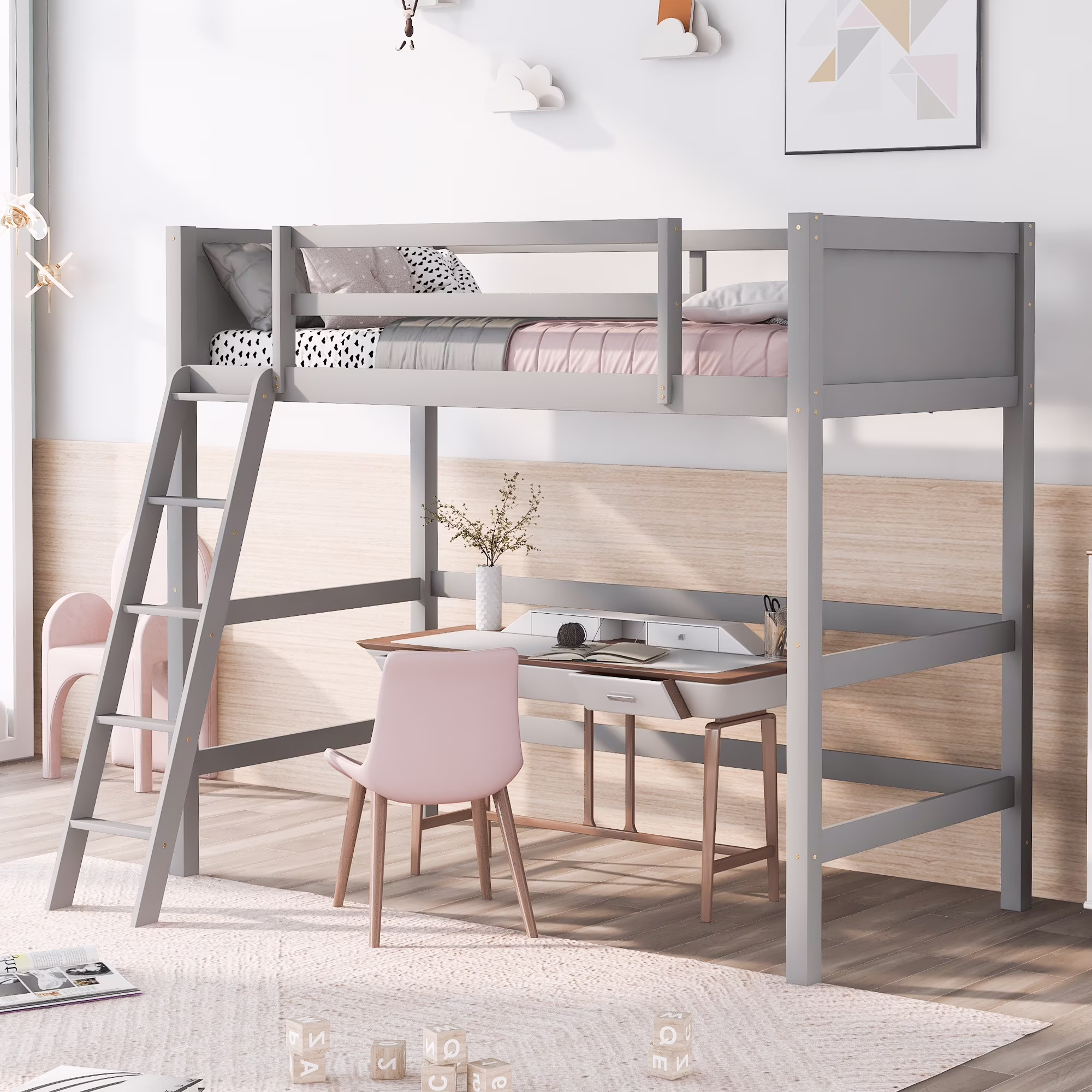 CoSoTower Solid Wood Twin Size Loft Bed With Ladder, Gray