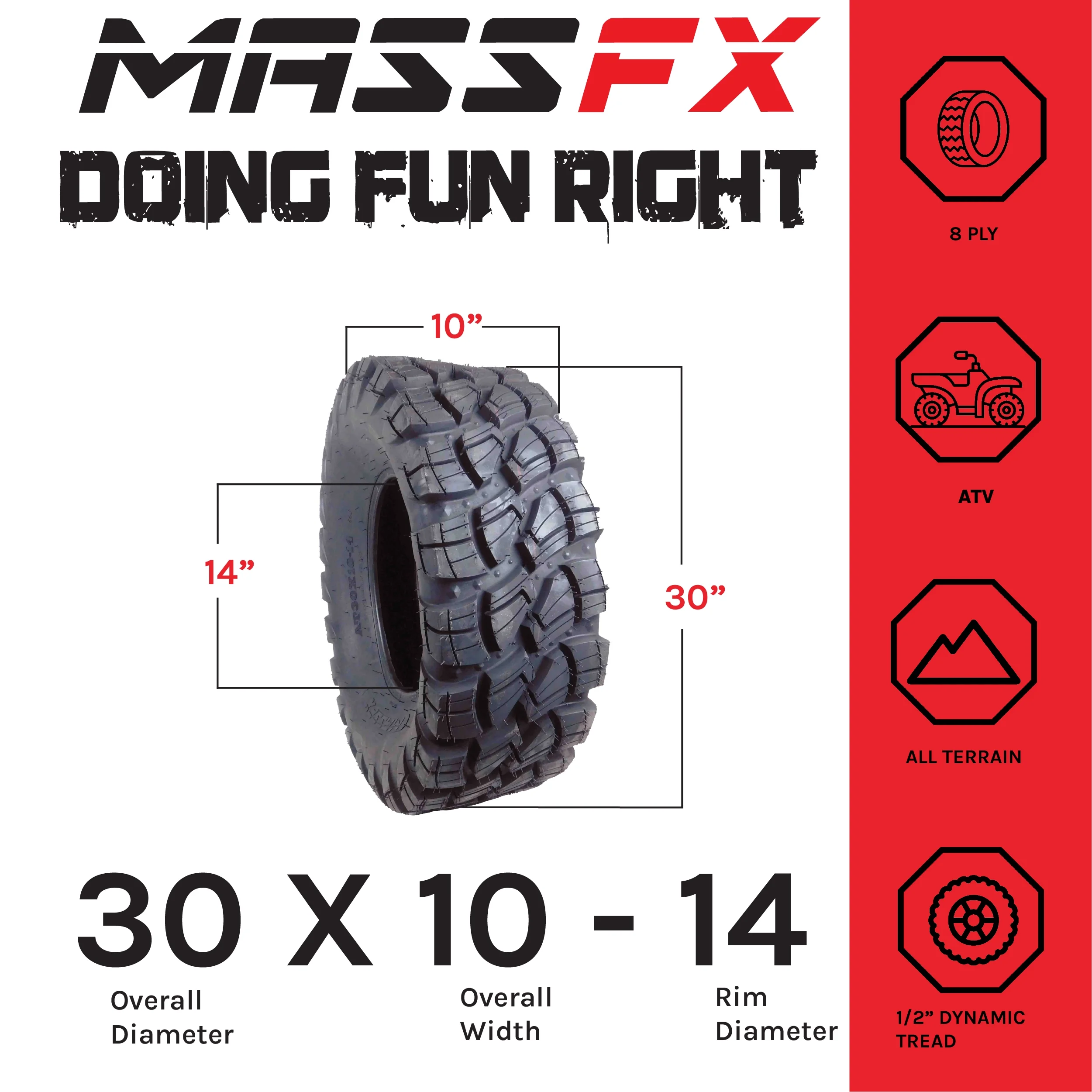 MASSFX 30x10-14 Front Tire - Durable 8 Ply with 1/2