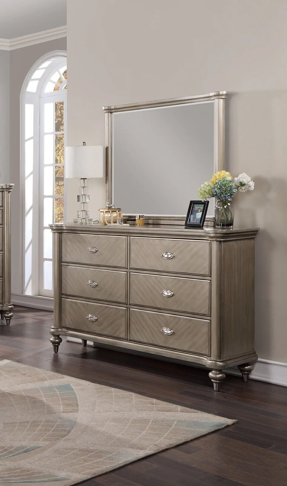 Formal Grey Finish 4p Bedroom Furniture Eastern King Size Bed Dresser Mirror Nightstand Sleigh HB Upholstered HB Classic FB