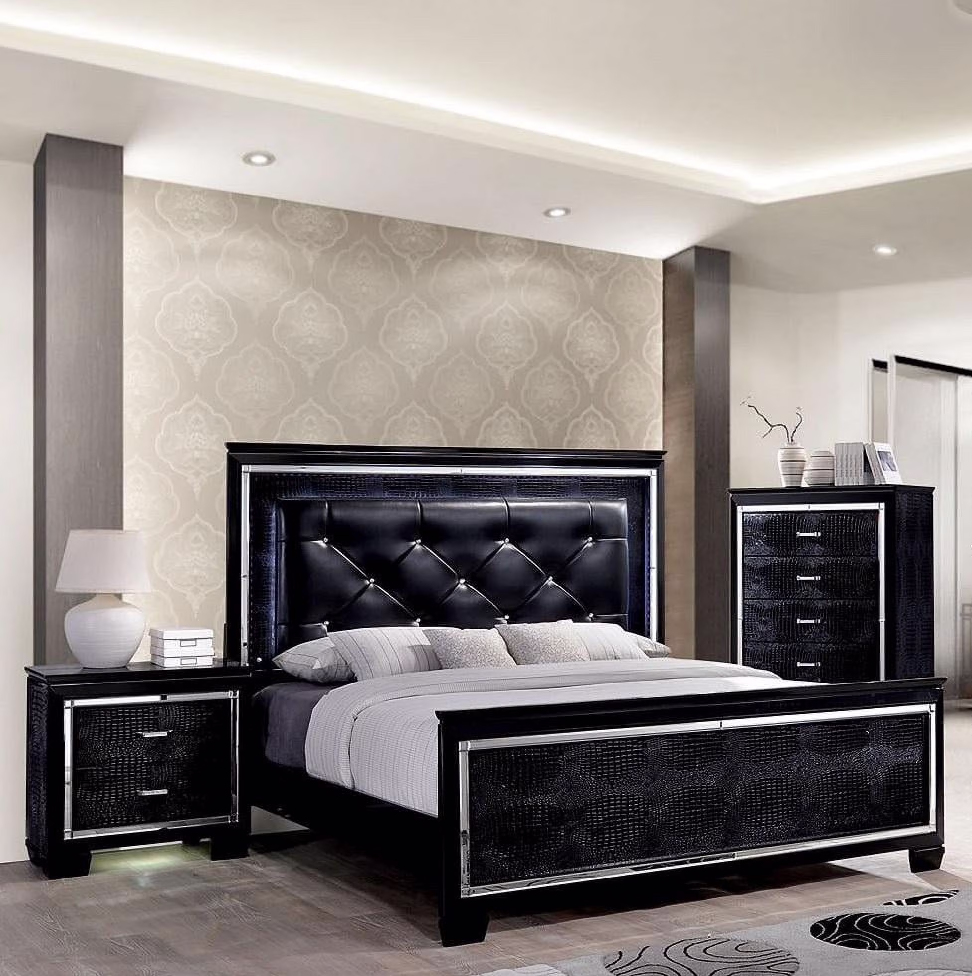 Contemporary Black Solid Wood Queen Bedroom Set 3pcs FOA CM7979BK-Q Bellanova