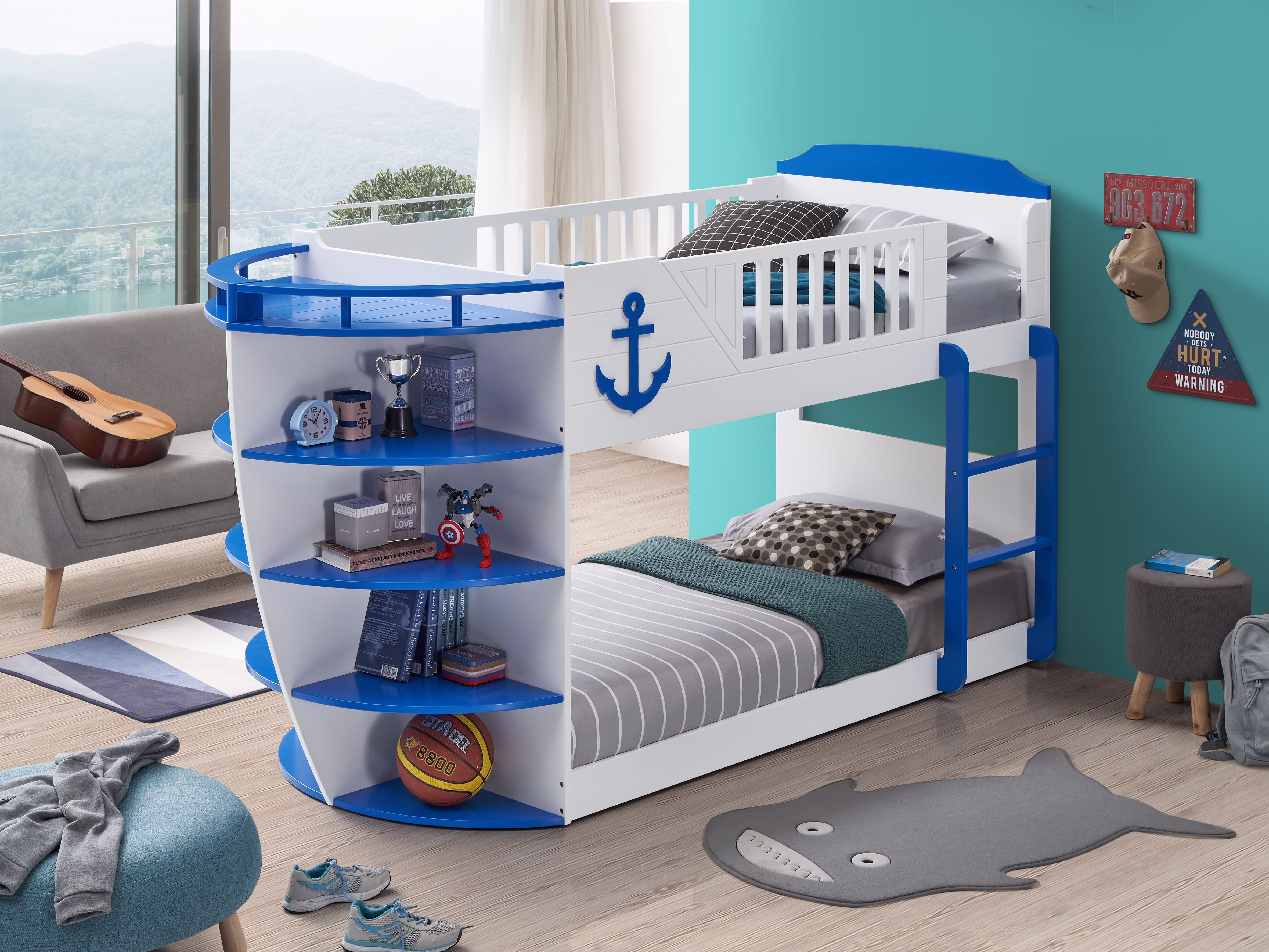 CoSoTower Twin/Twin Bunk Bed W/Storage Shelves in Sky Blue Finish