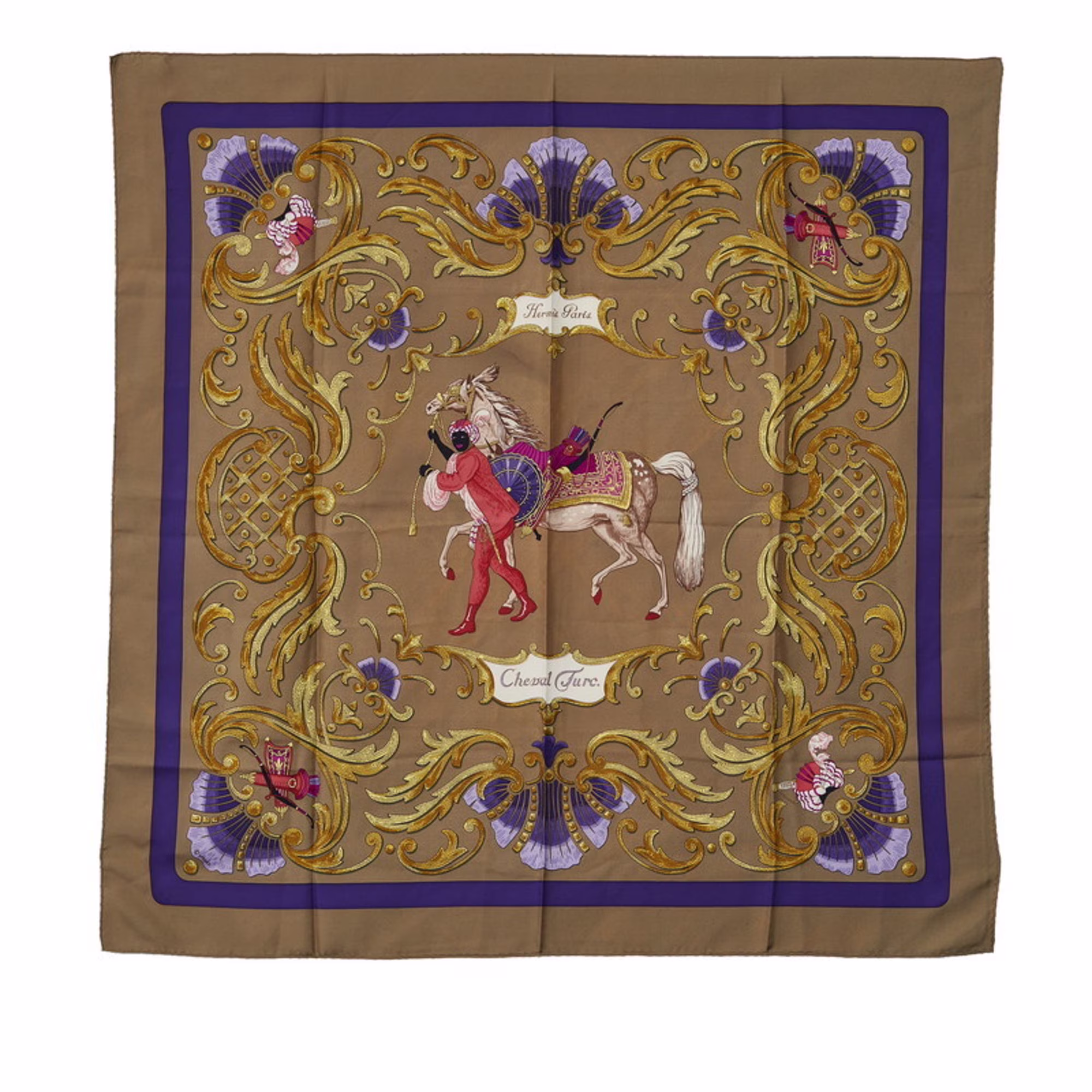 Pre-Owned Hermes Carre 90 Cheval Turc Turkish Horse Scarf Muffler Khaki Green Purple Multicolor Silk Women's HERMES (Fair)