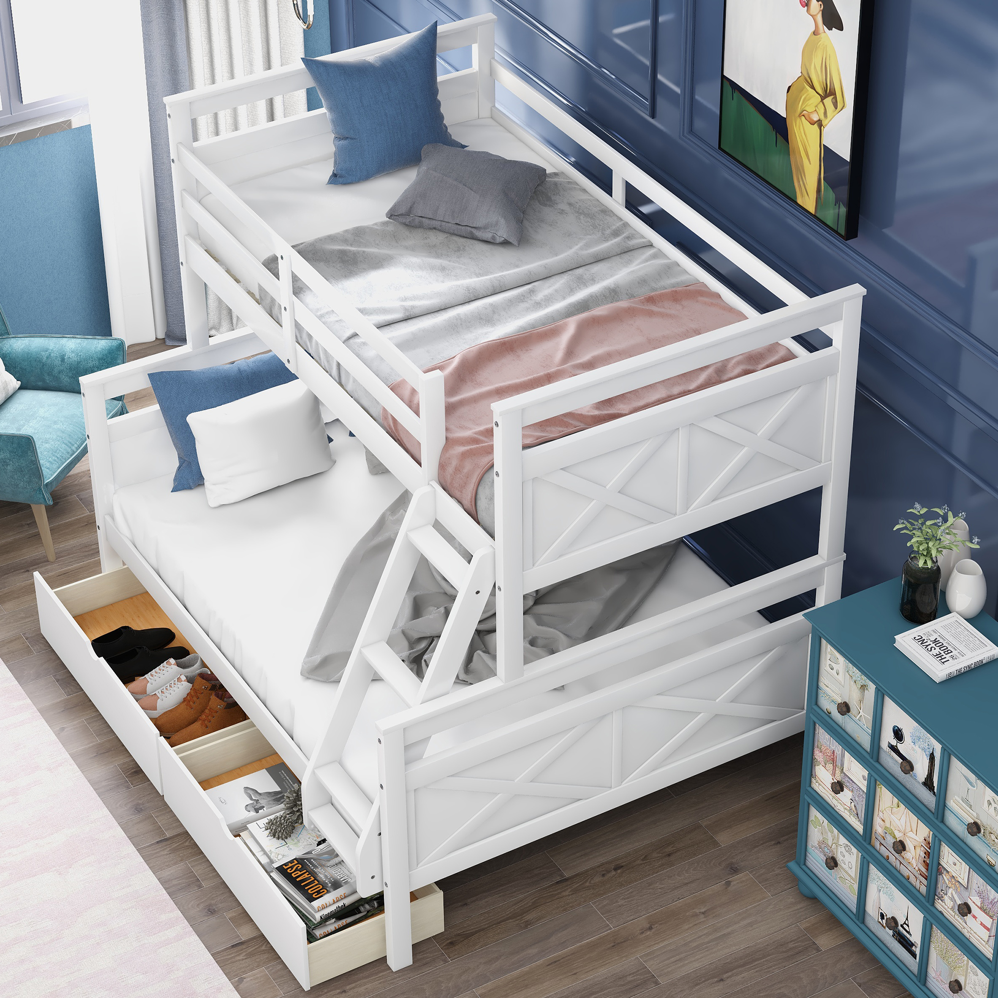 Nestfair White Twin Over Full Bunk Bed with 2-Drawers