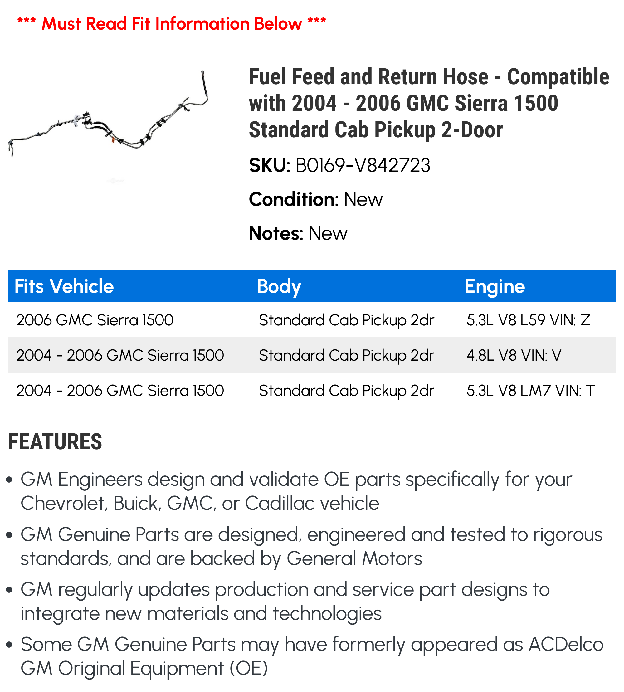 Fuel Feed and Return Hose - Compatible with 2004 - 2006 GMC Sierra 1500 Standard Cab Pickup 2-Door 2005