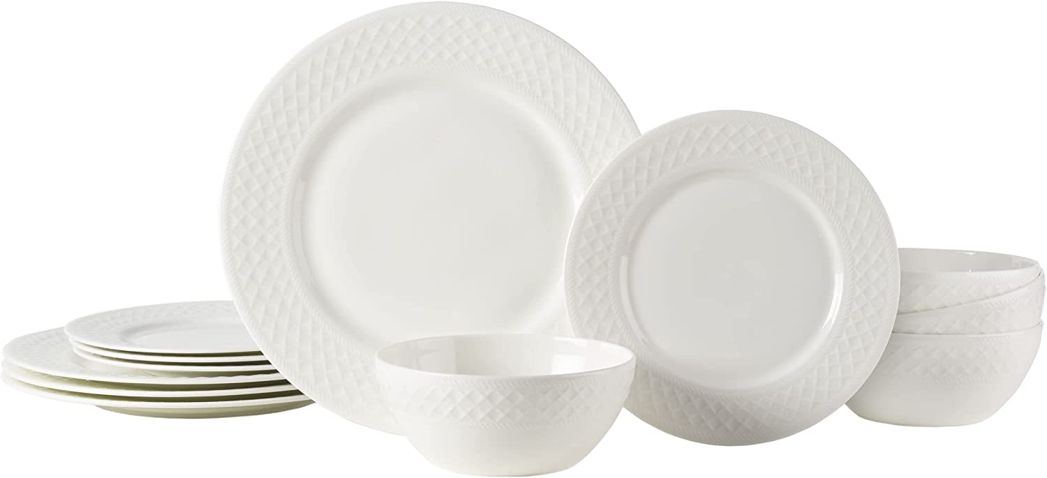RUO Kamryn 1 Bone Chip Resistant 12 Piece Dinnerware Set, White, Service for 4