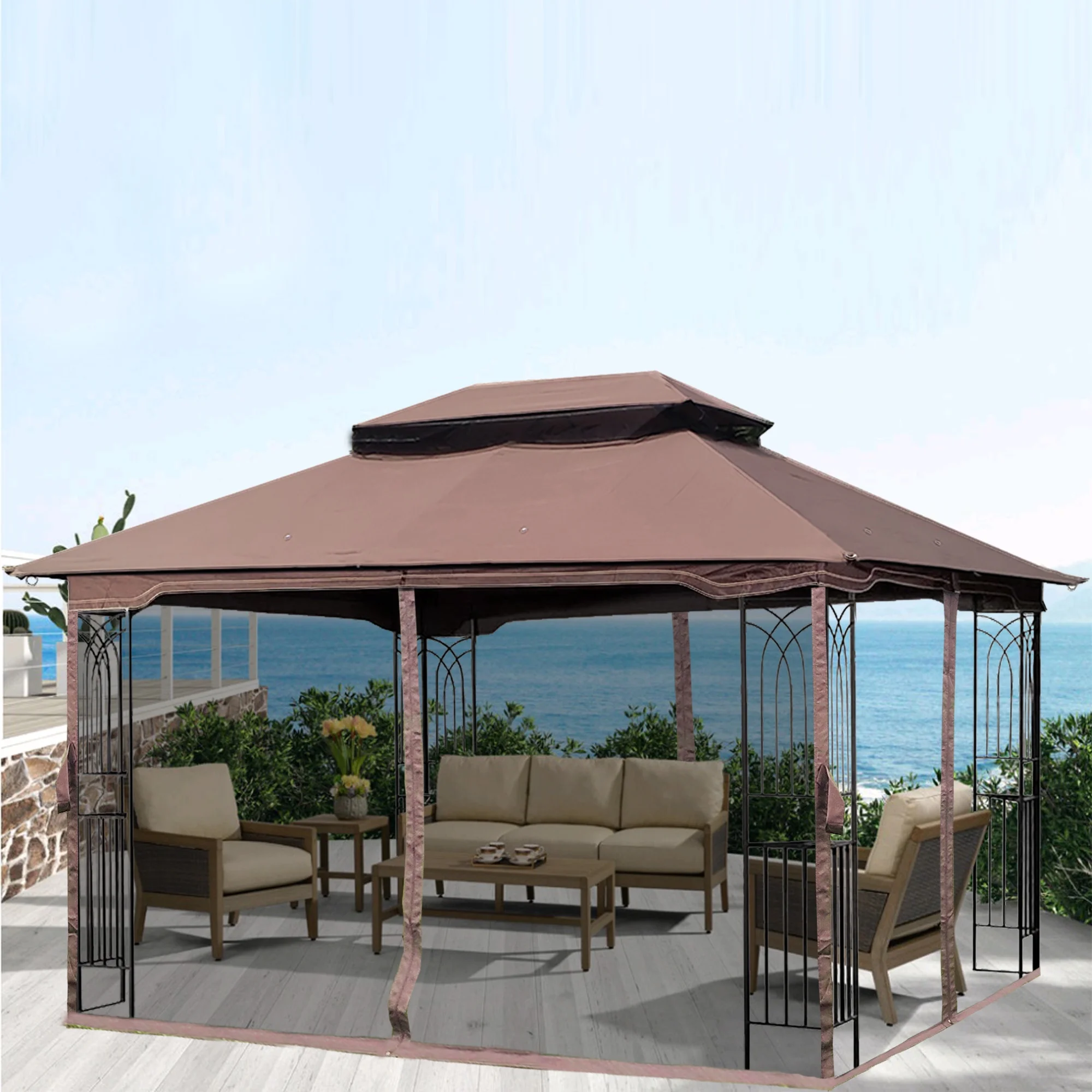 Unique Choice 13 x 10 ft Outdoor Patio Gazebo Canopy Tent with Mesh, Brown