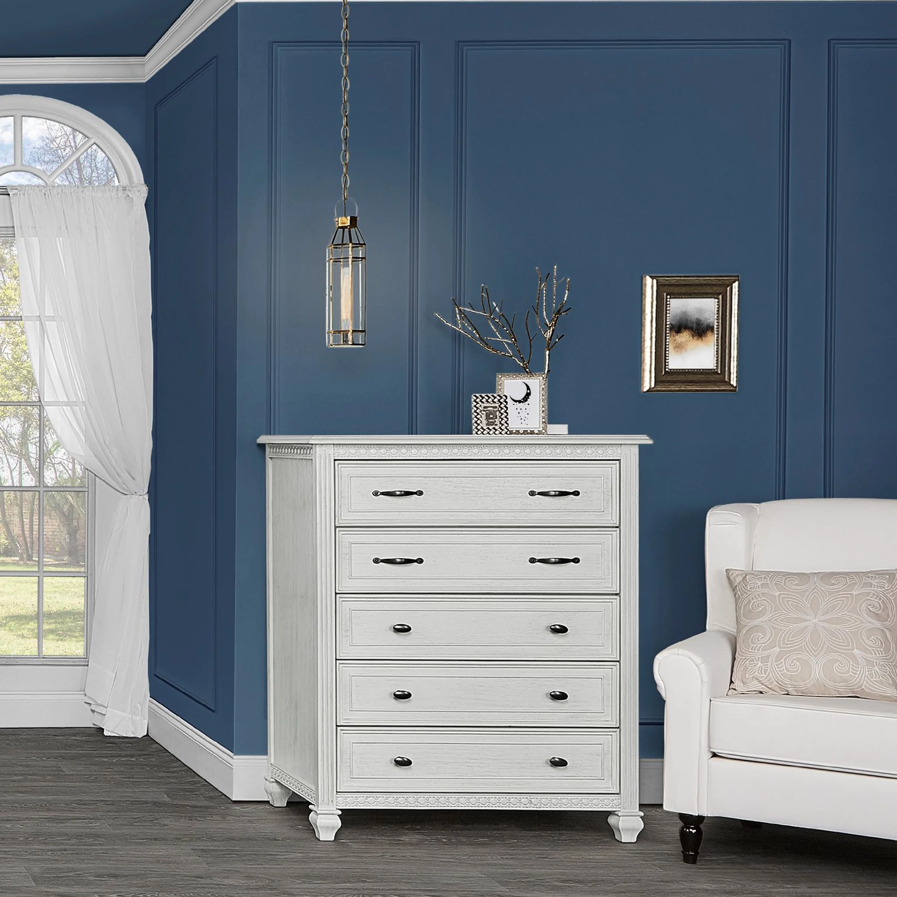 Evolur Madison Tall Chest, Antique Grey Mist, 5 Spacious Drawers