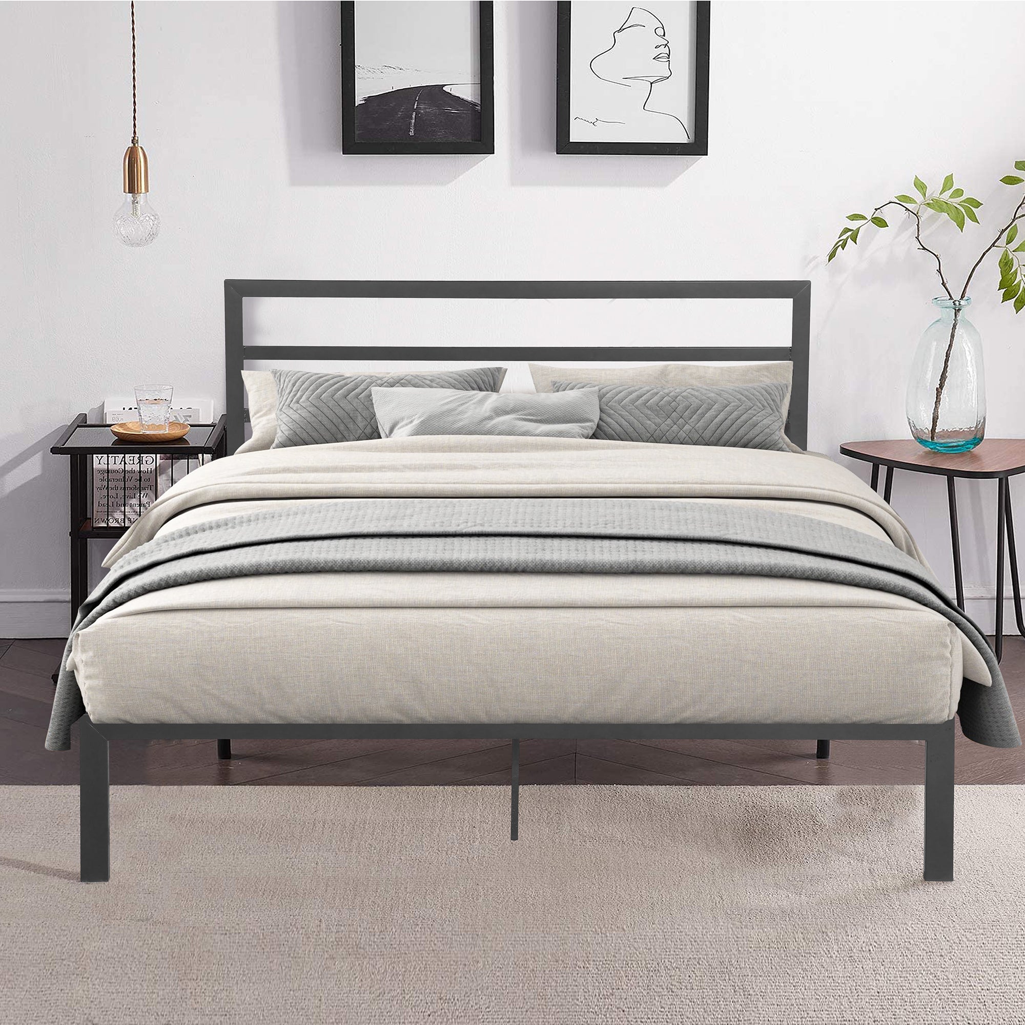 RegalRest Charcoal Grey Queen Size Metal Bed Frame