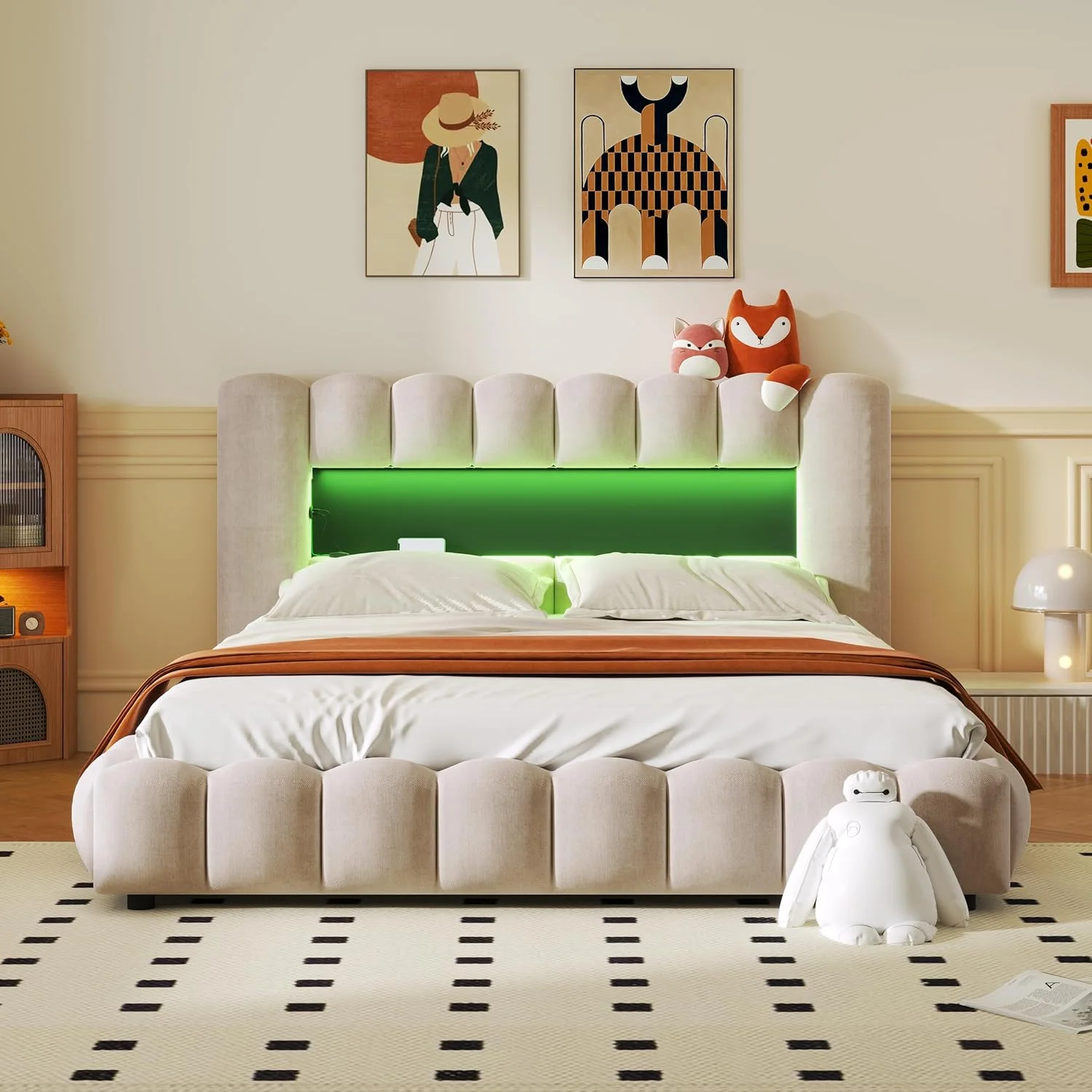 Quee Size Upholstered Lie Fraic Platform Bed With LED Headboard Ad USB,Quee Lift Up Storage Bed Frame For Bedroom,Beige