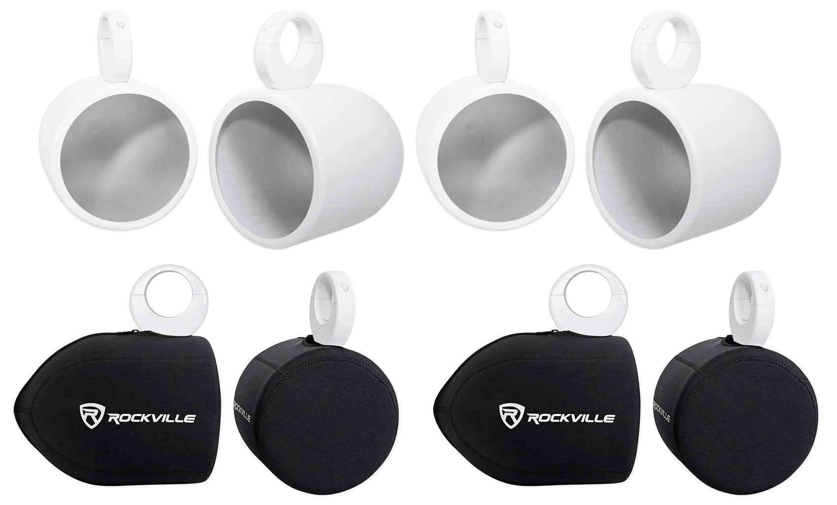 Pair Rockville MAC90W 8” White Aluminum Wakeboard Tower Speaker Pods+ Covers