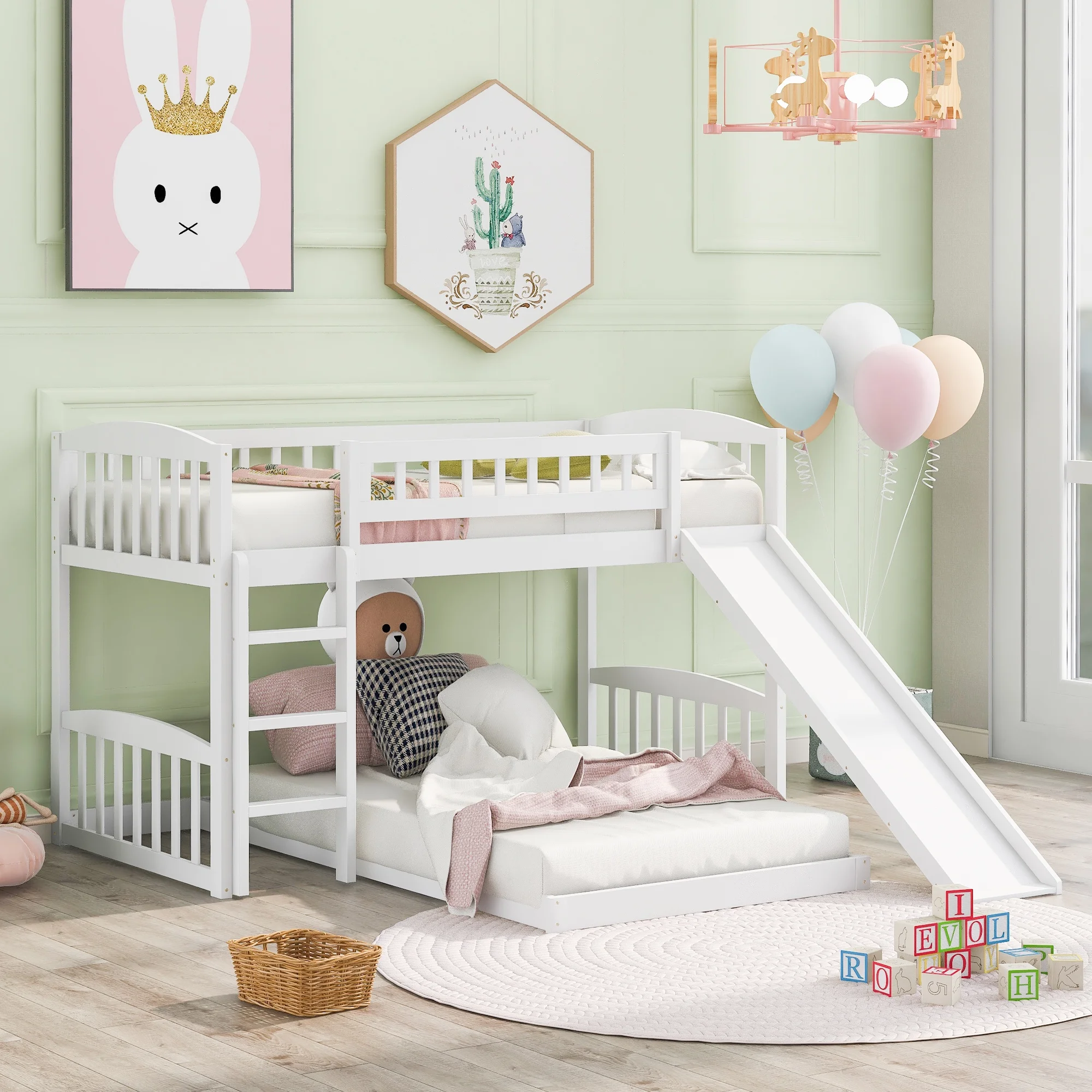 White Twin Over Twin Bunk Bed with Slide and Ladder