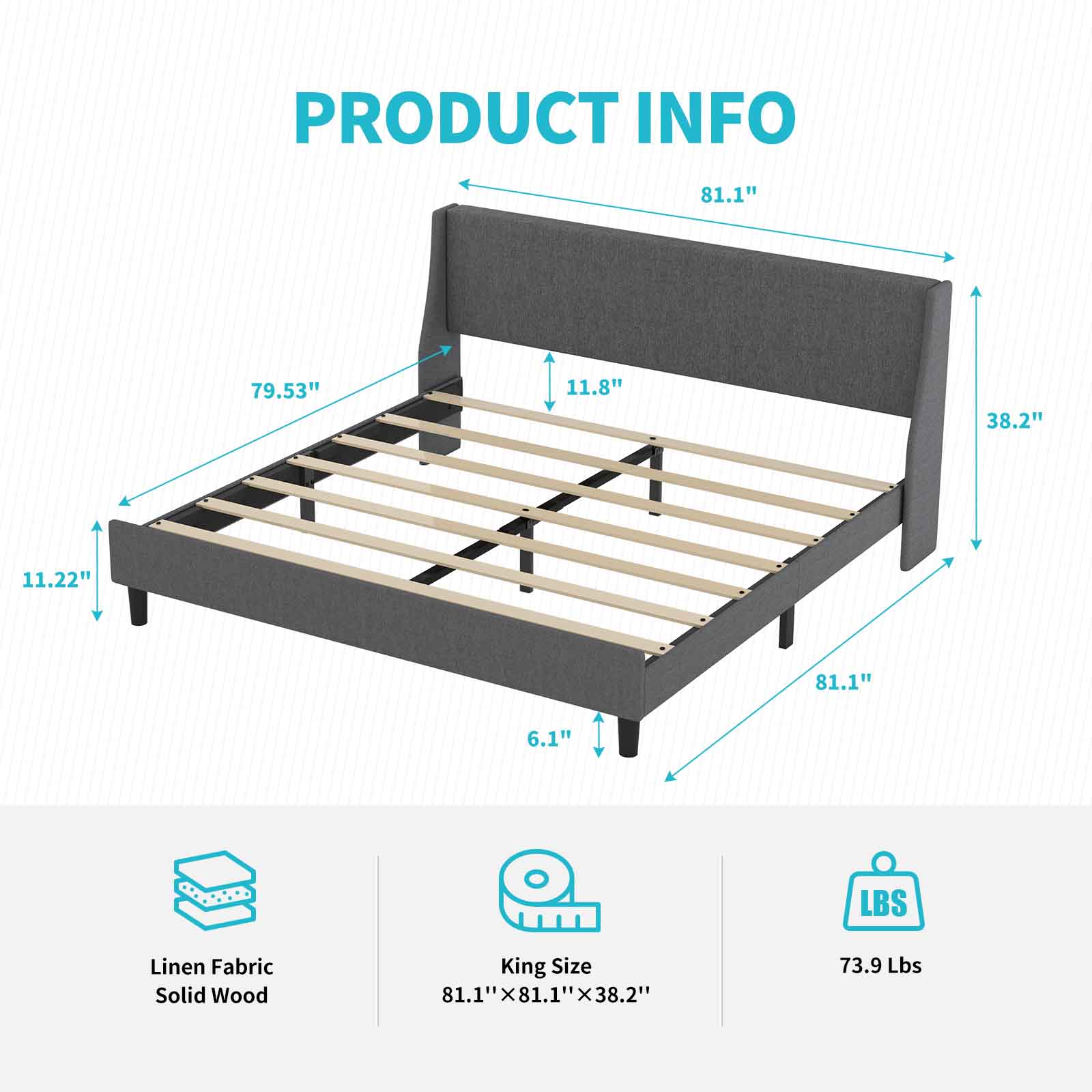 CECER King Size Bed Frame, Modern Bed Frame with Upholstered Headboard & Broad Wingback Wooden Slat Support, No Box Spring Needed - Dark Grey