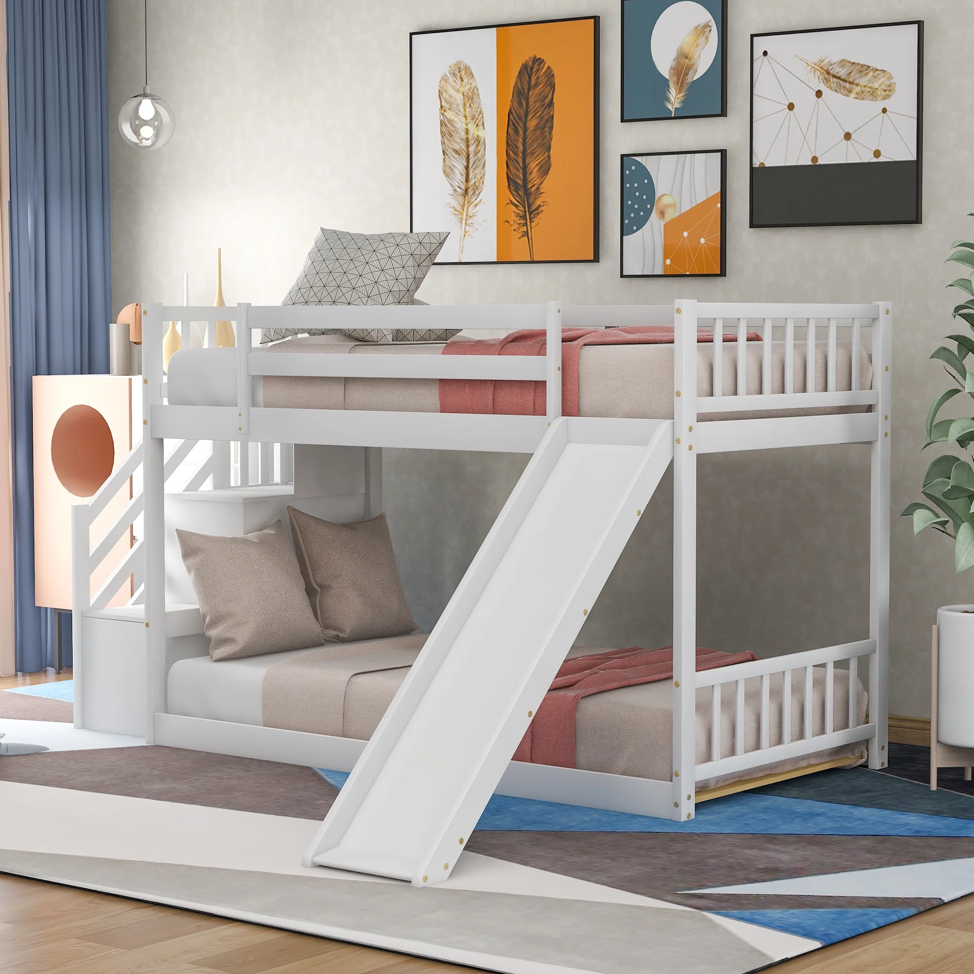 White Twin over Twin Bunk Bed with Convertible Slide and Stairway