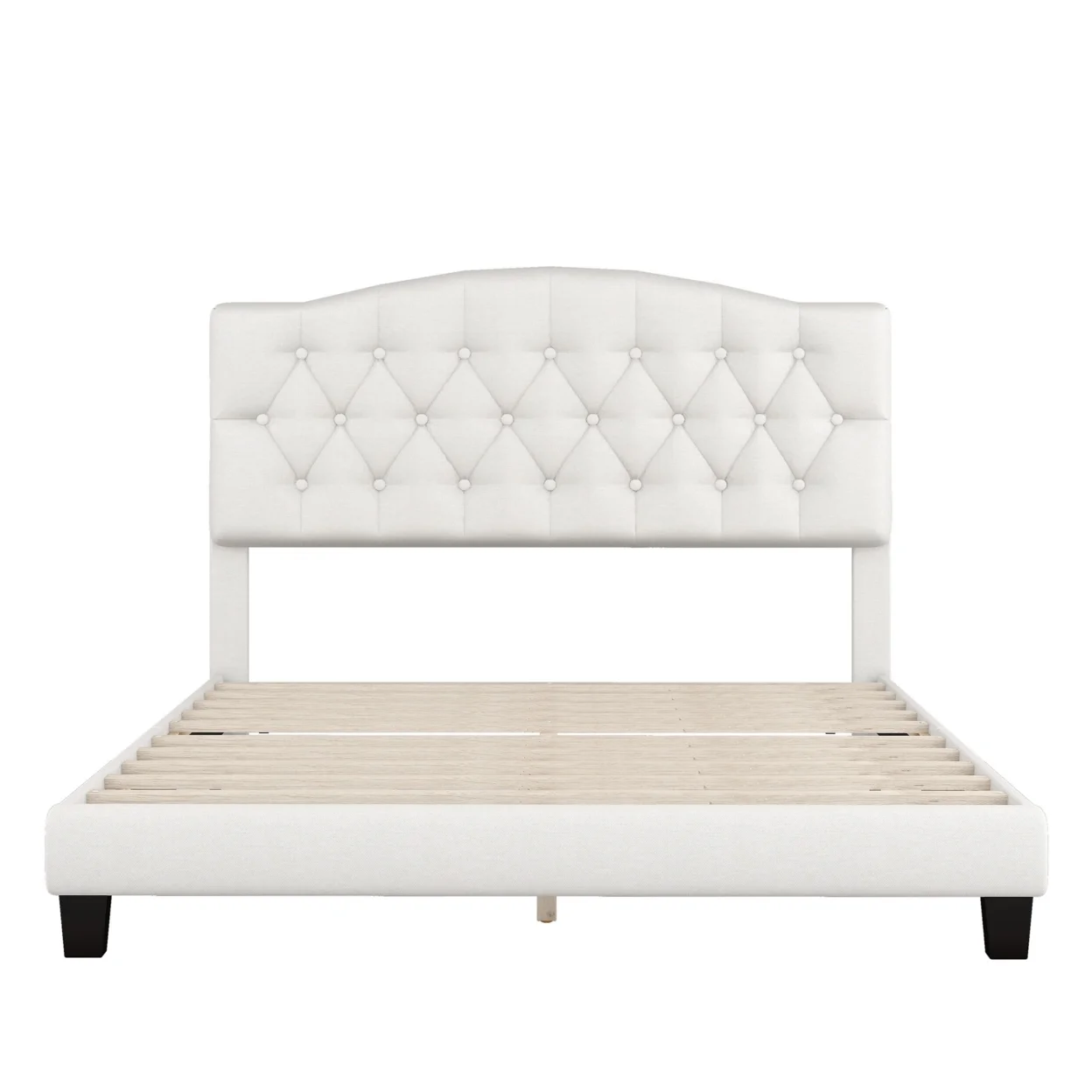 Cody Queen Size Platform Bed with Diamond Button Tufted Headboard, Beige- Saltoro Sherpi